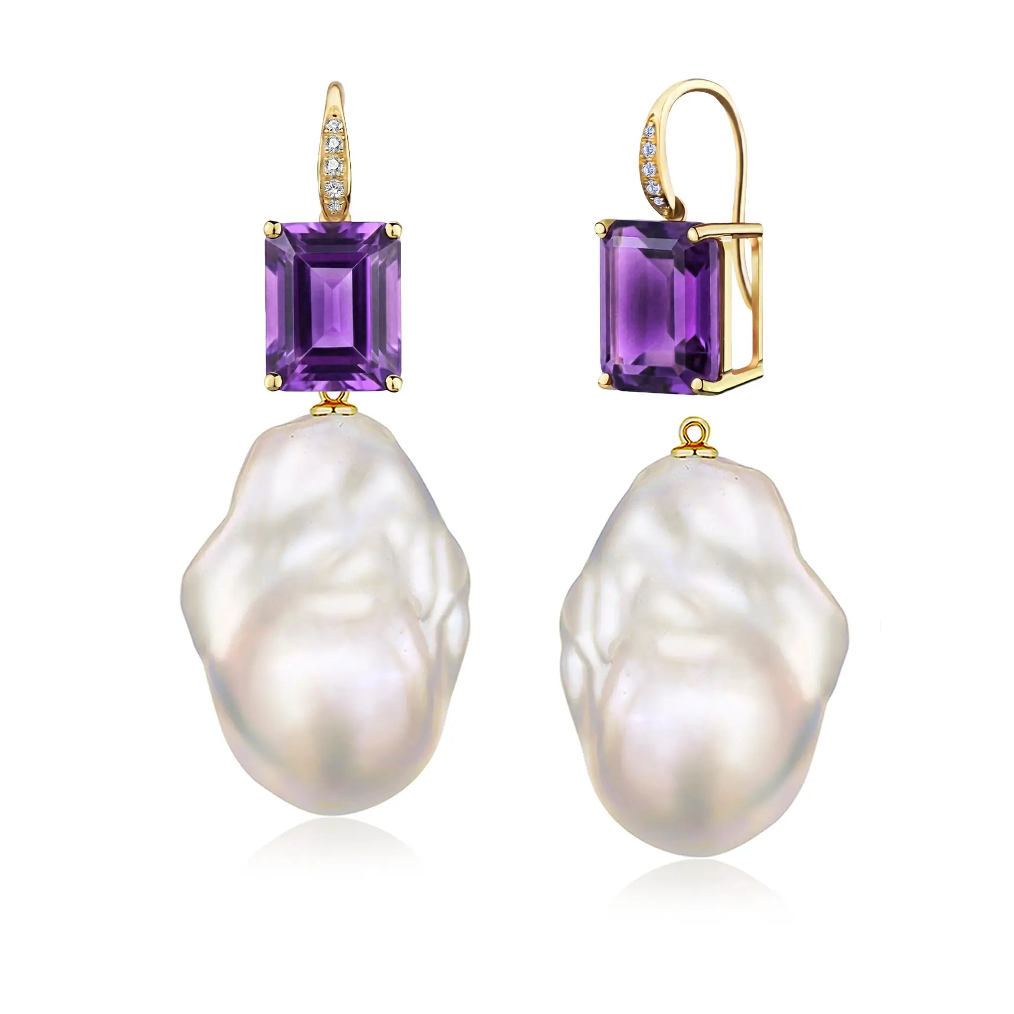 Radiant Natural Emerald-Cut Amethyst Diamond Baroque Pearl Convertible Drop Earrings in 14k yellow gold