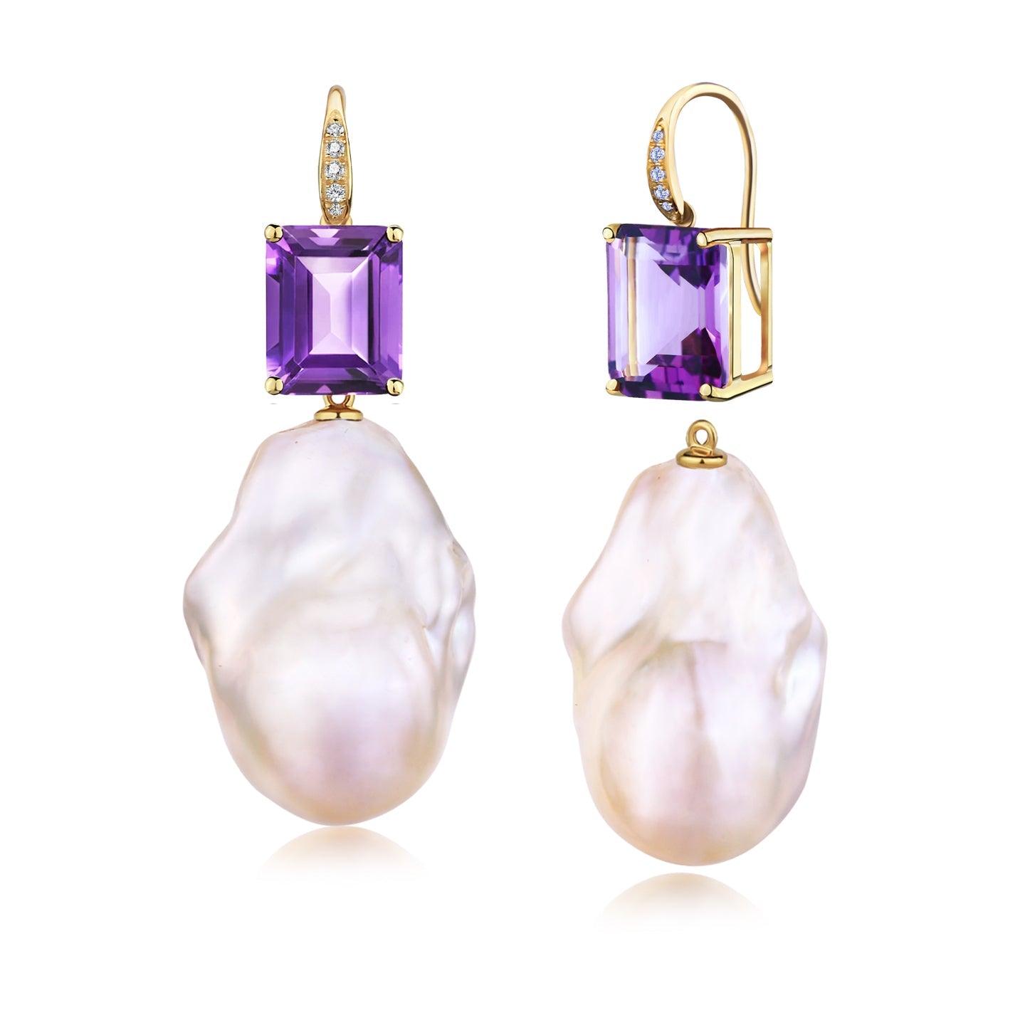 Radiant Emerald-Cut Amethyst Diamond Baroque Pearl Convertible Drop Earrings