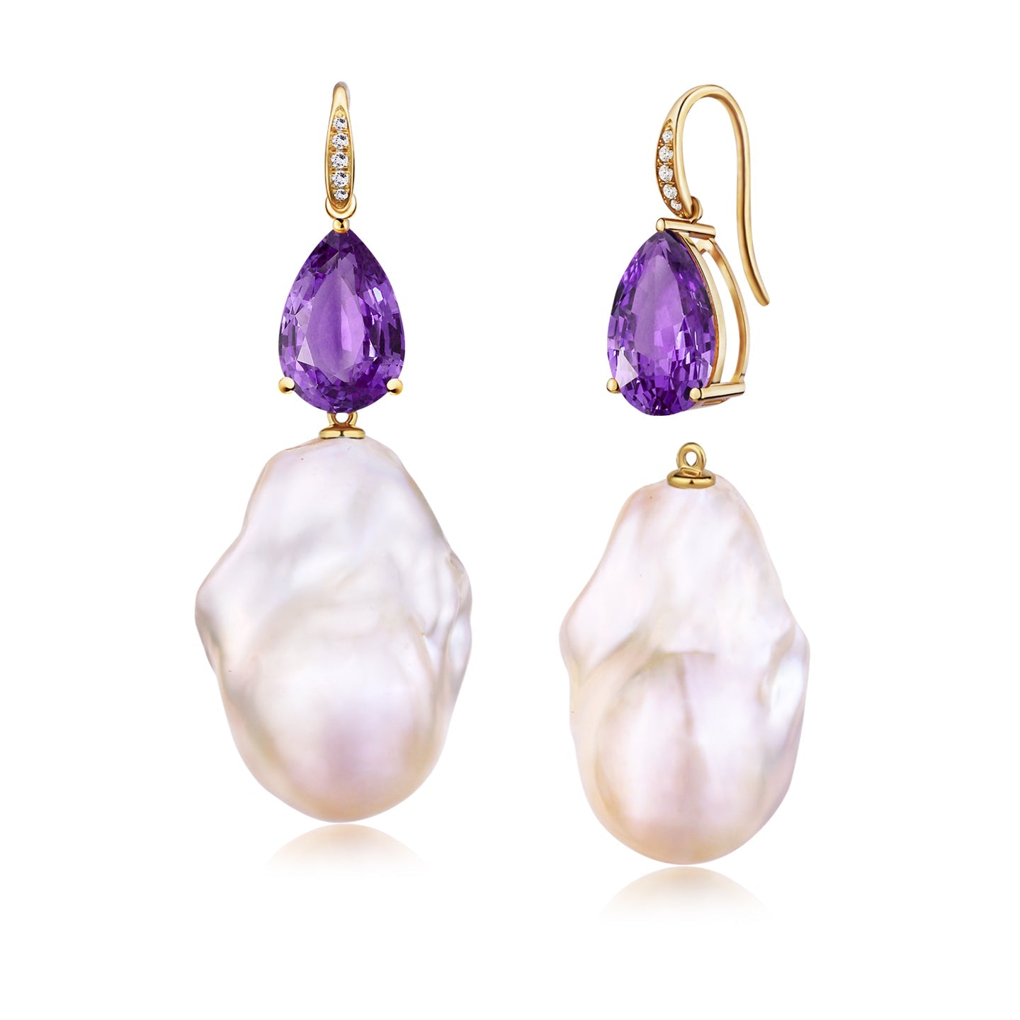 Radiant Pear Amethyst Diamond Baroque Pearl Convertible Drop Earrings