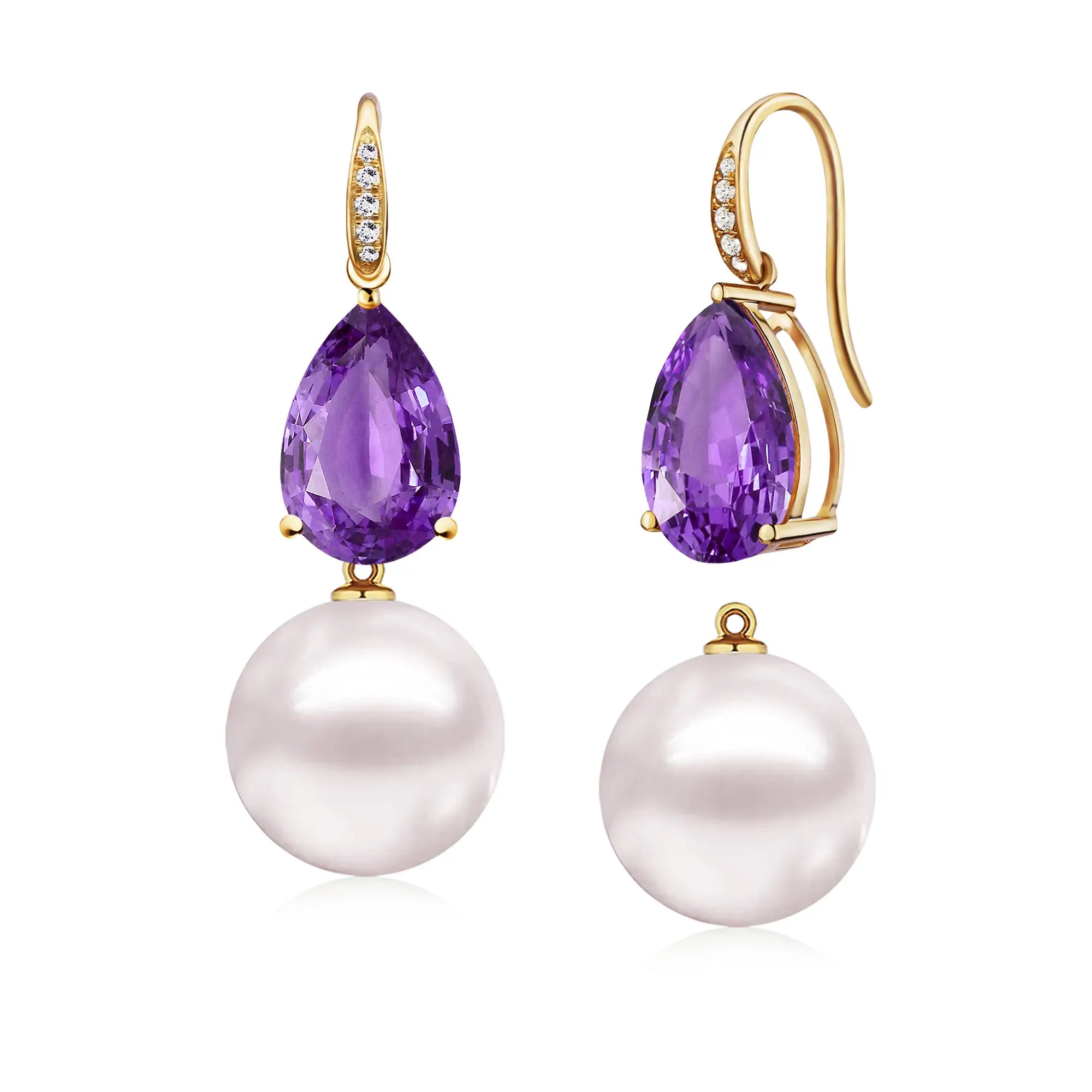 Radiant Pear Amethyst Diamond Pearl Convertible Drop Earrings