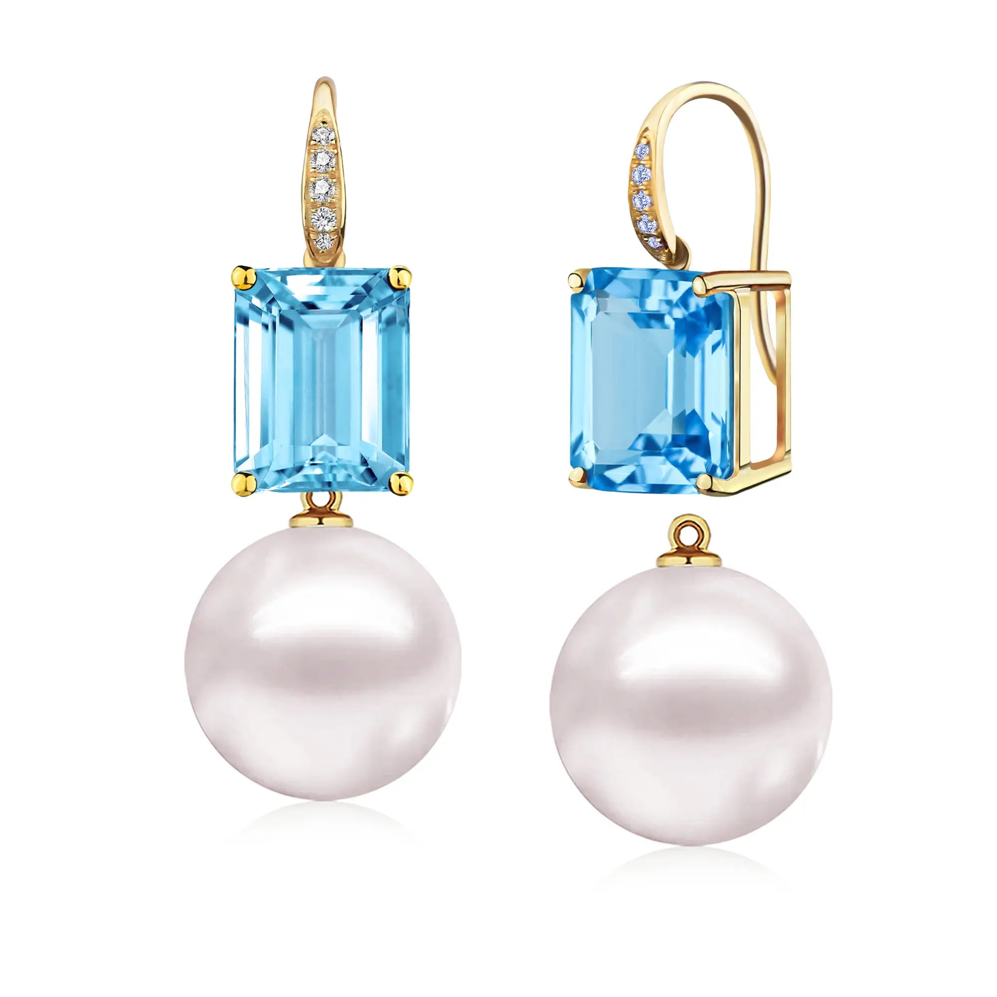 Radiant Emerald-Cut Topaz Diamond Pearl Convertible Drop Earrings
