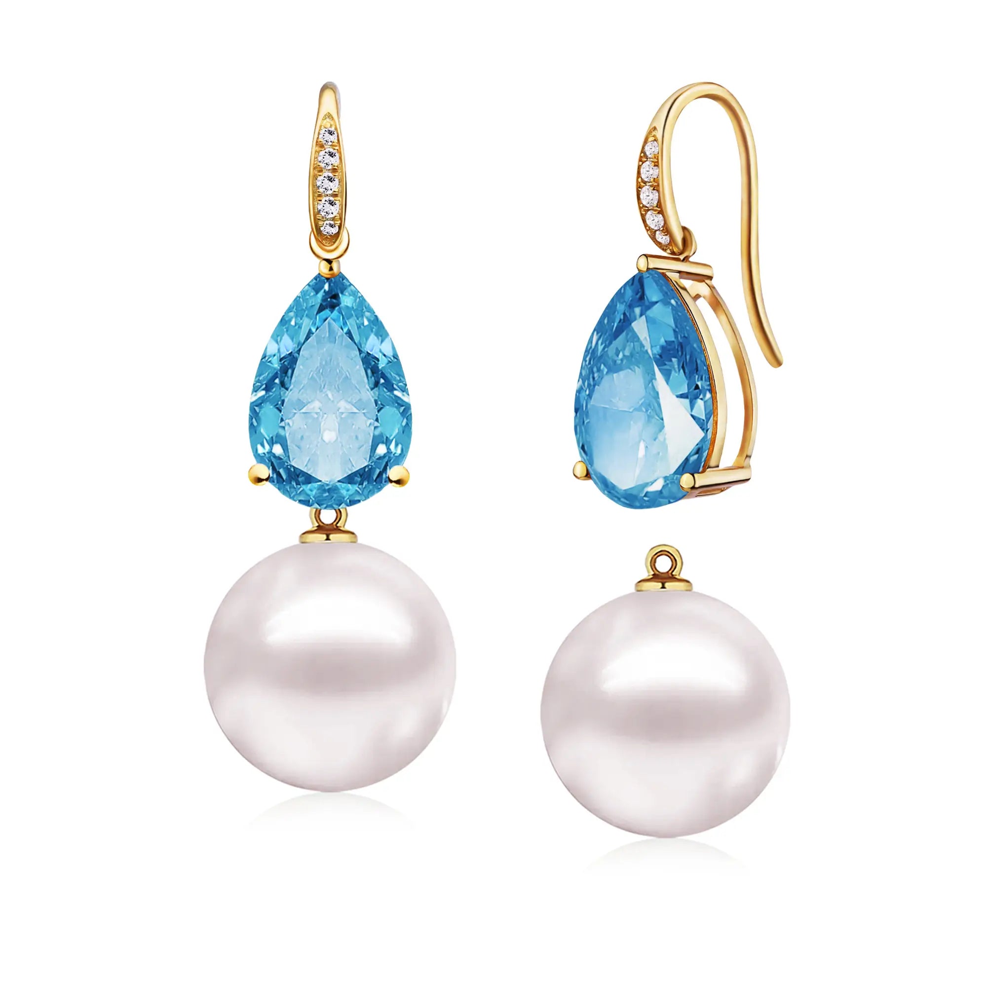 Radiant Pear Topaz Diamond Pearl Convertible Drop Earrings