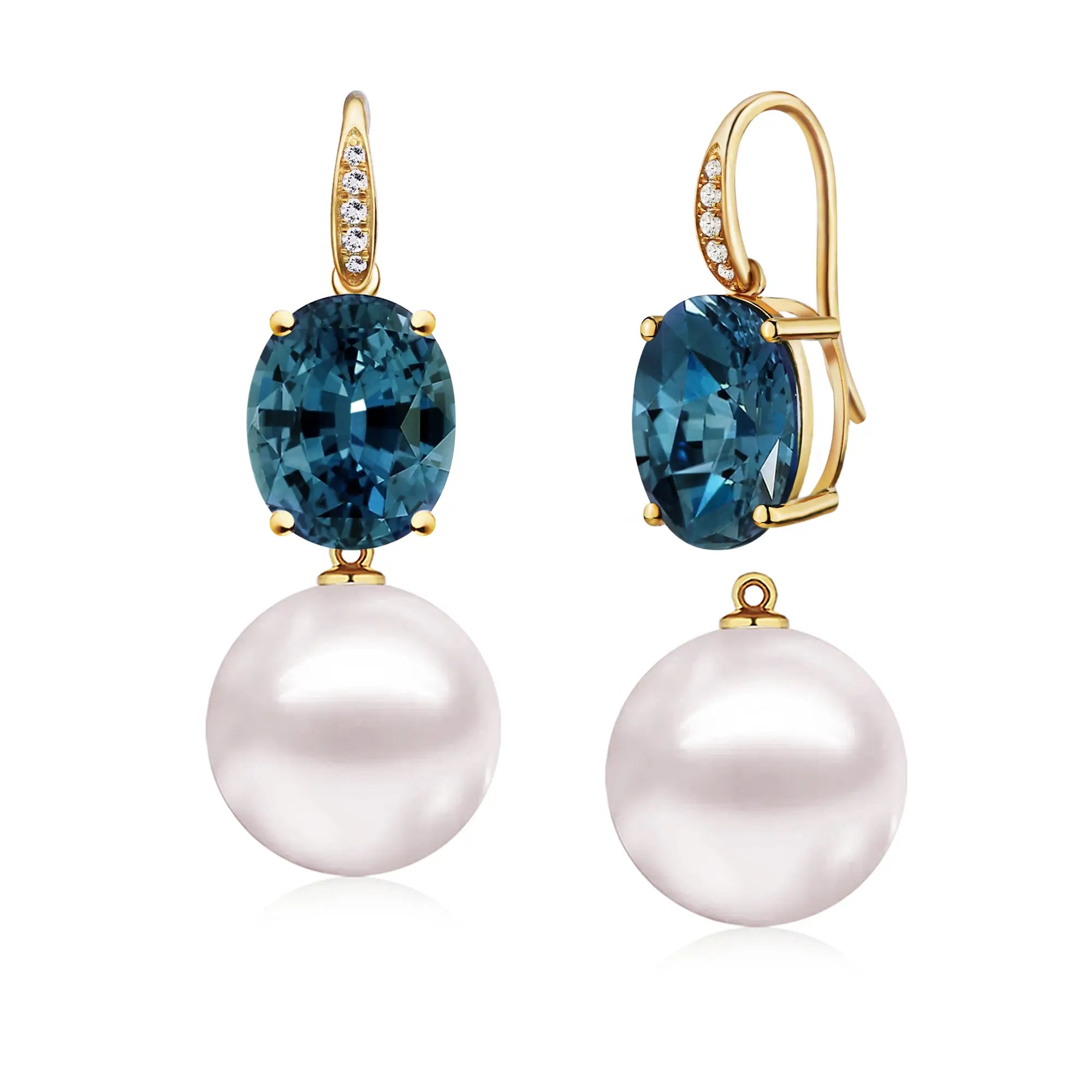 Radiant natural Oval London Blue Topaz Diamond Pearl Convertible Drop Earrings in 14k yellow gold