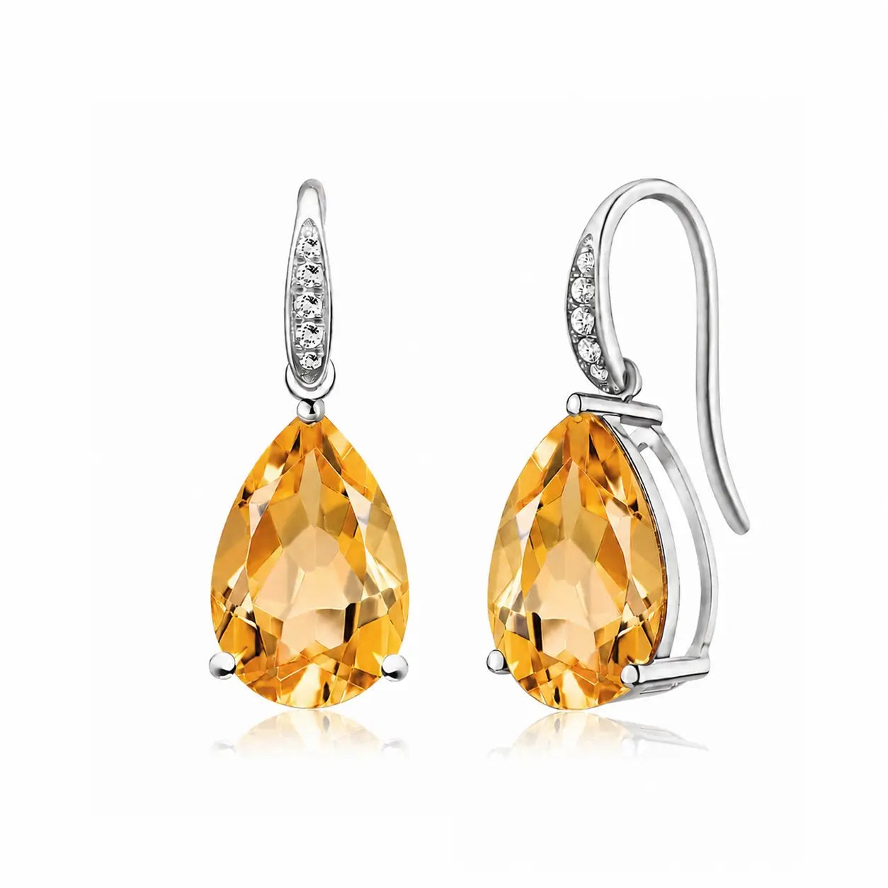 Radiant Natural Pear Citrine Diamond Drop Earrings in 14k white gold