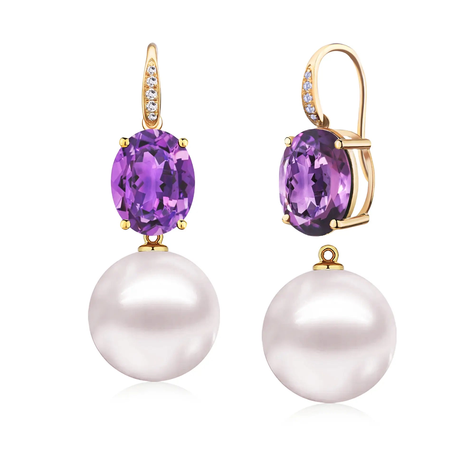 Radiant Oval Amethyst Diamond Pearl Convertible Drop Earrings