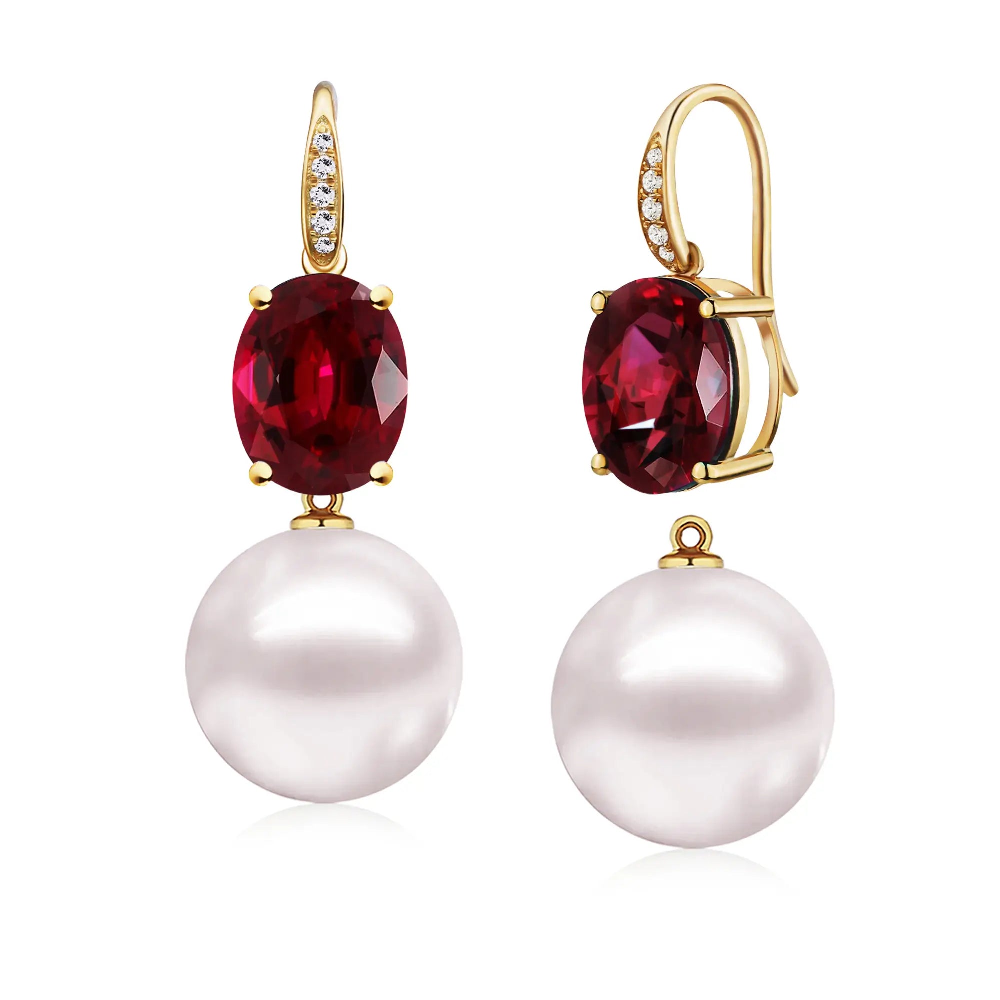 Radiant Oval Garnet Diamond Pearl Convertible Drop Earrings