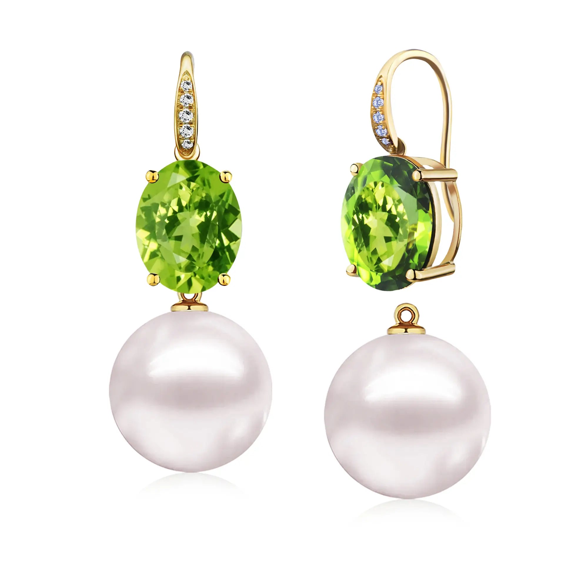Radiant Oval Peridot Diamond Pearl Convertible Drop Earrings