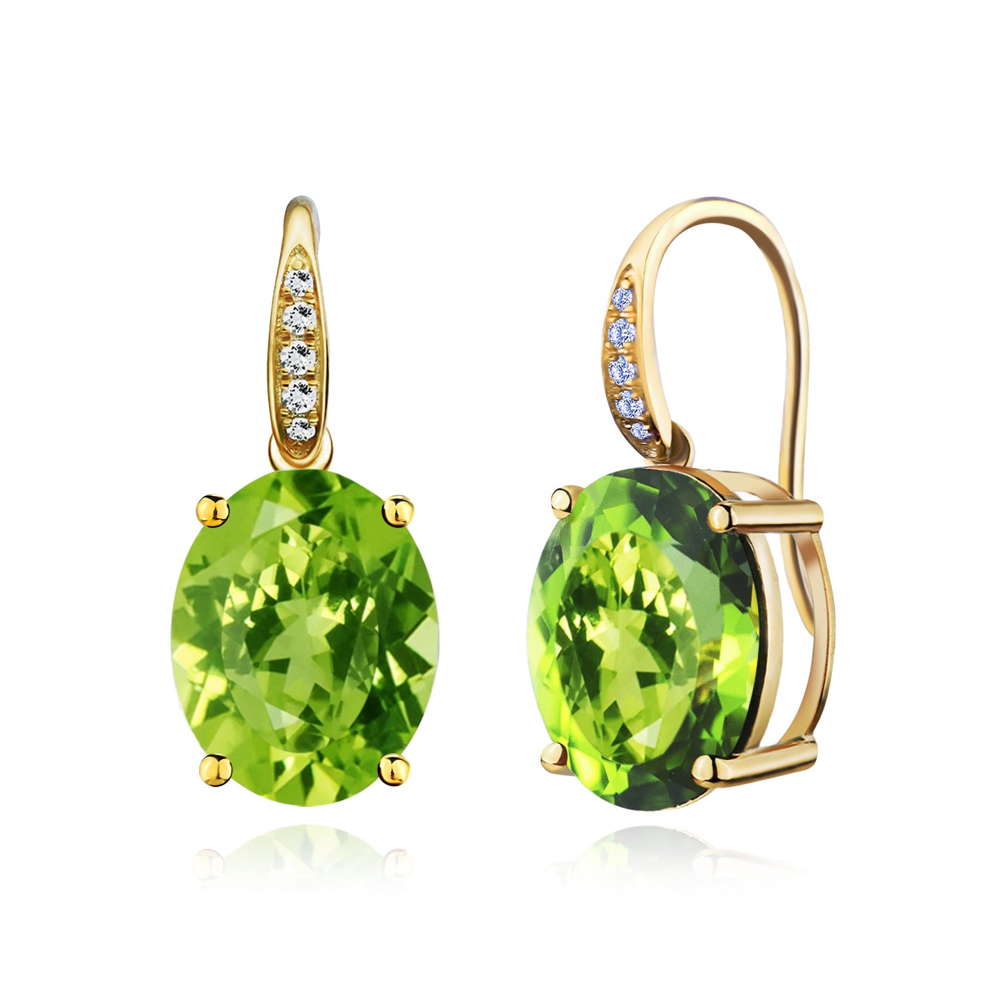Radiant Oval Natural Peridot Diamond Drop Earrings 14k yellow gold