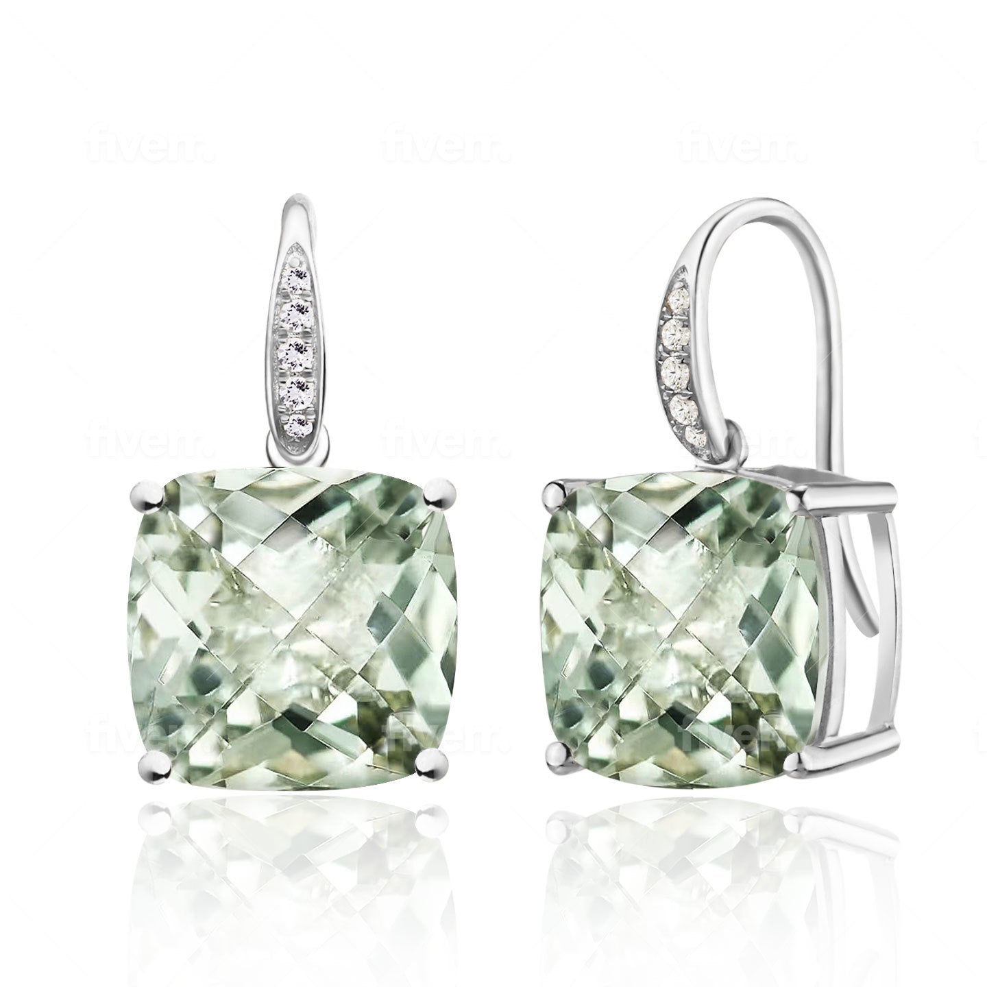 Radiant Prasiolite Green Amethyst Diamond Drop Earrings