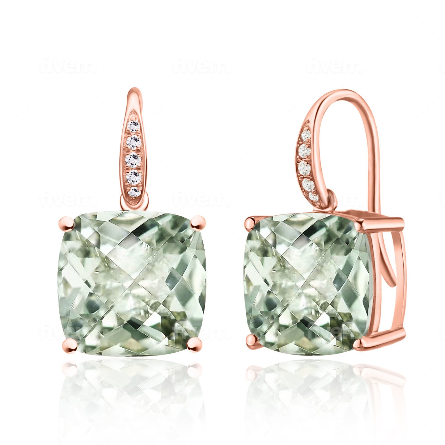 Radiant Prasiolite Green Amethyst Diamond Drop Earrings