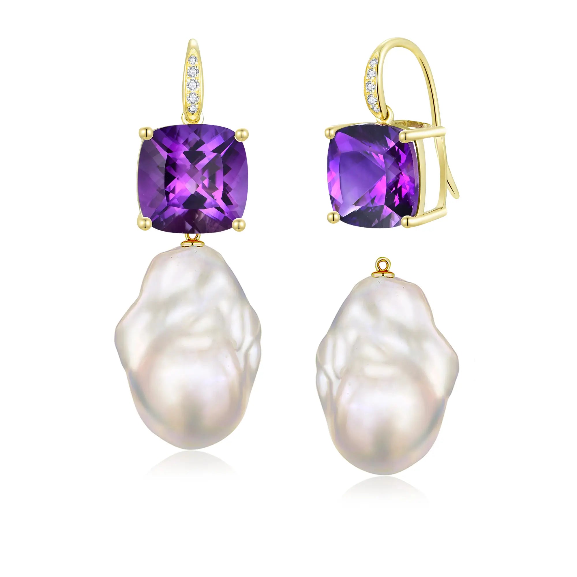 Radiant Cushion Amethyst Diamond Baroque Pearl Convertible Drop Earrings 14k yellow gold