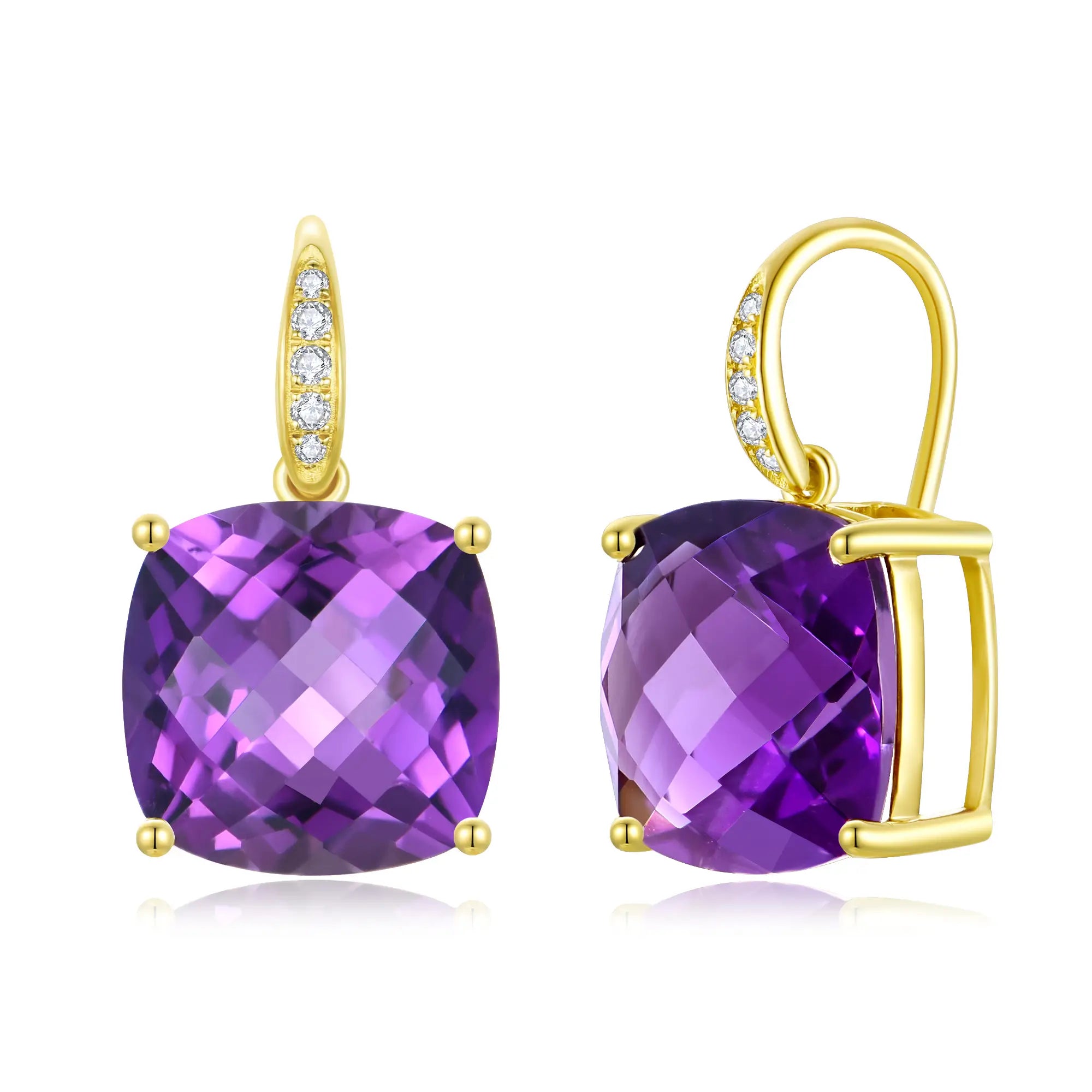 14k gold Radiant Cushion Natural 6.85ctw Amethyst Diamond Drop Earrings