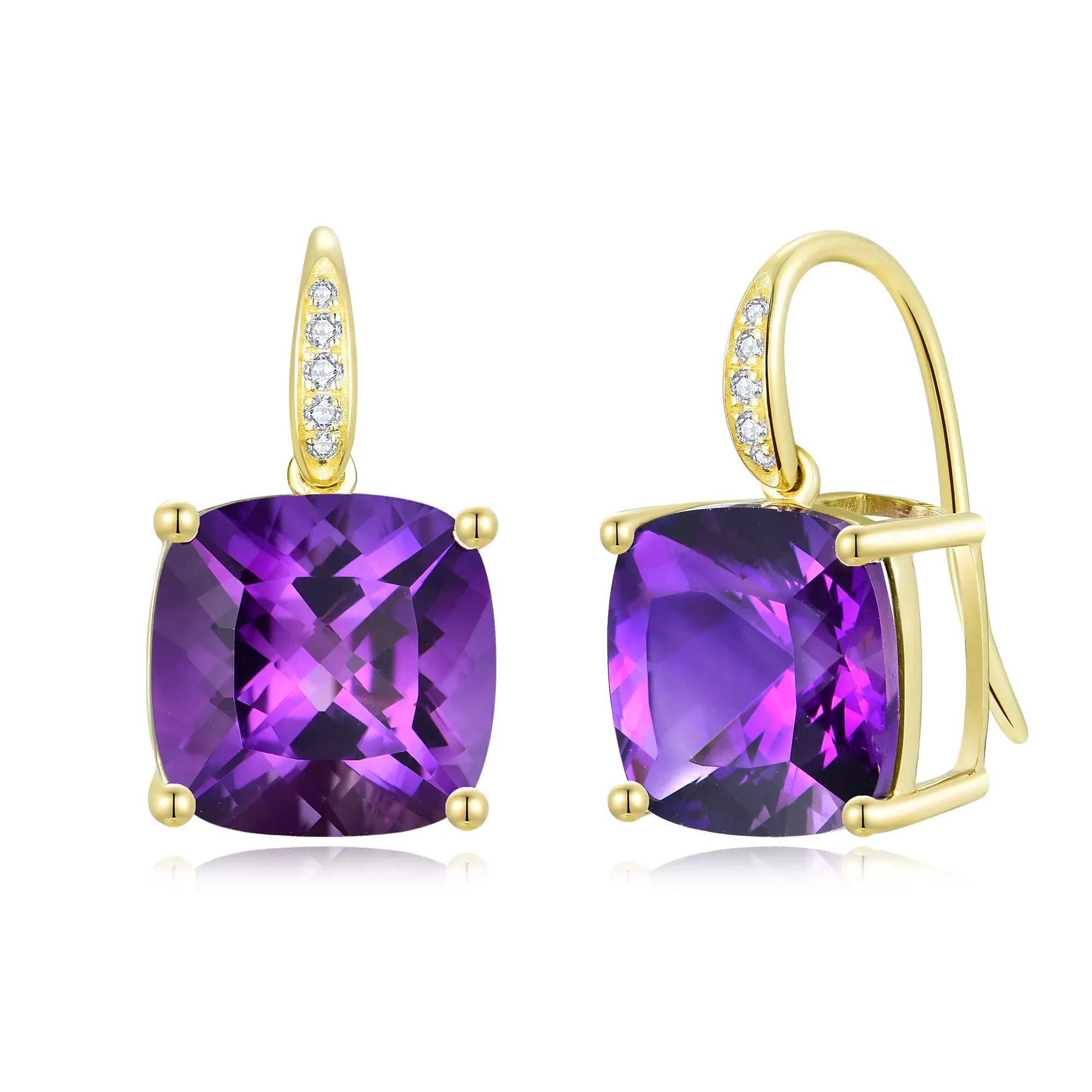 Radiant Cushion Amethyst Diamond Drop Earrings 14k yellow gold
