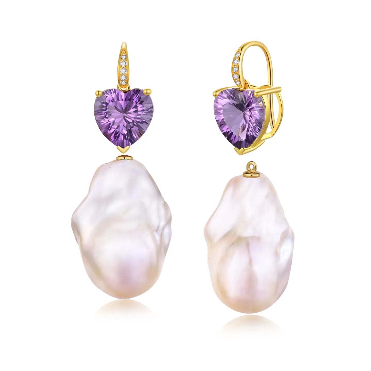 Radiant Heart Amethyst Diamond Baroque Pearl Convertible Drop Earrings