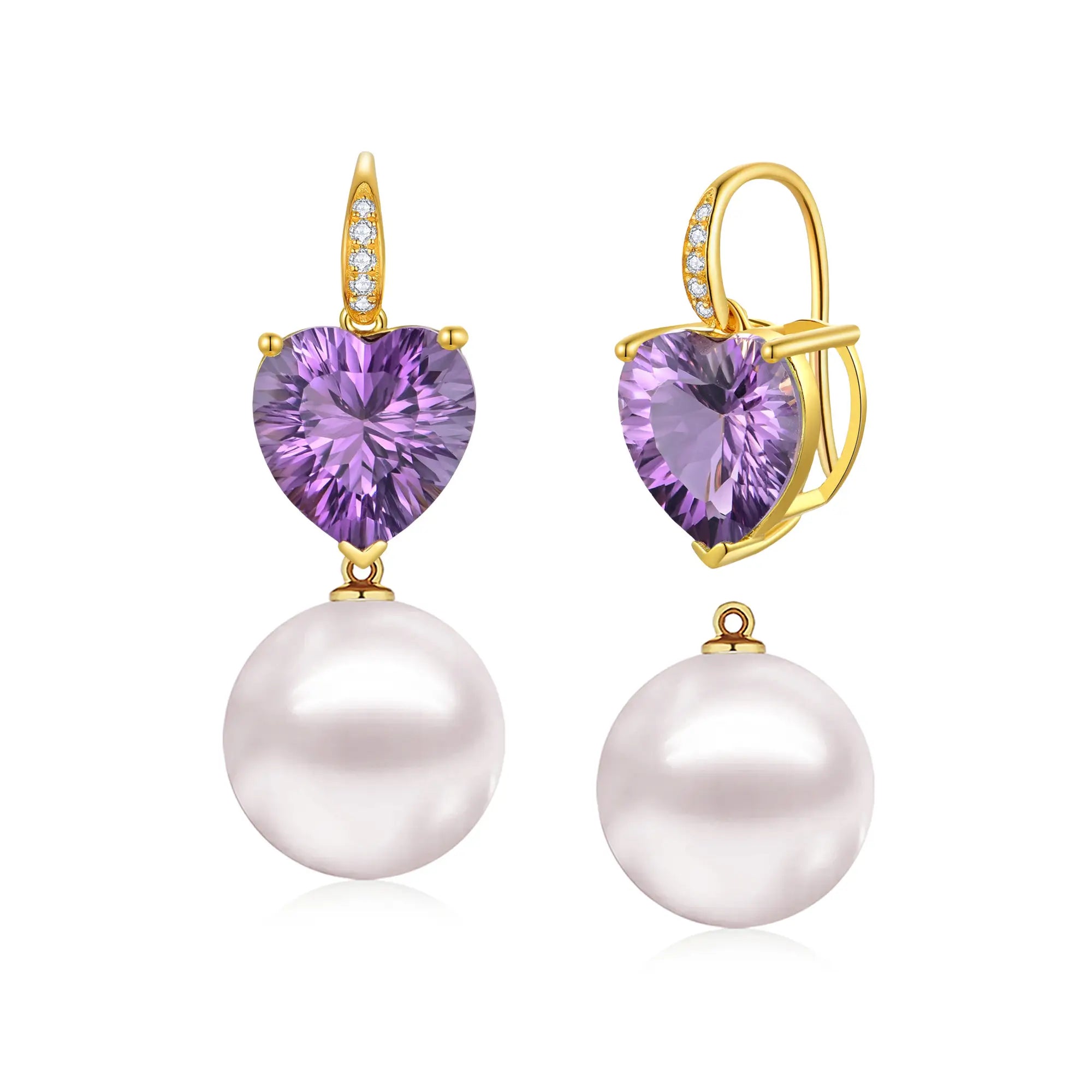 Radiant Heart Amethyst Diamond Pearl Convertible Drop Earrings
