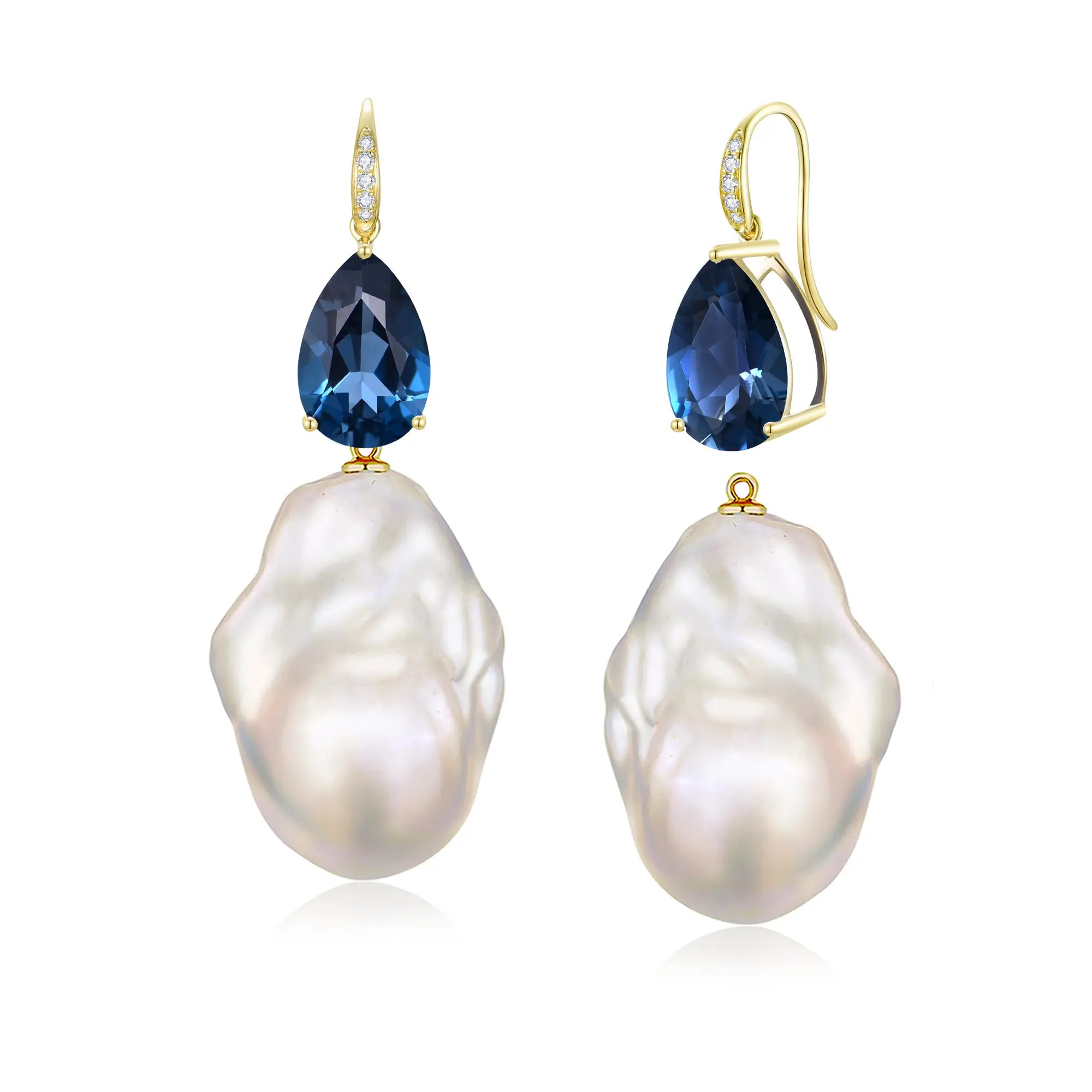 14k Gold Radiant Pear Natural London Blue Topaz Diamond Baroque Pearls Drop Earrings
