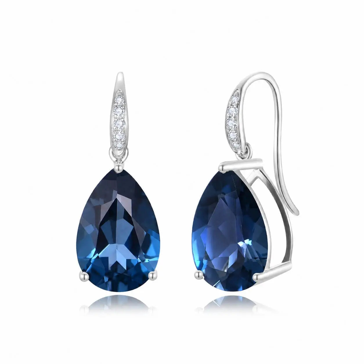14k white Gold Radiant Pear Natural London Blue Topaz Diamond Drop Earrings