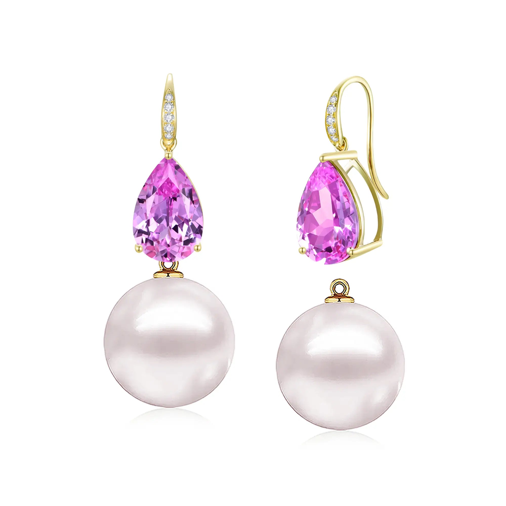 Radiant Pear 8.05ctw Lab-Grown Pink Sapphire & Diamond with Freshwater Pearls Drop Earrings 14k solid gold