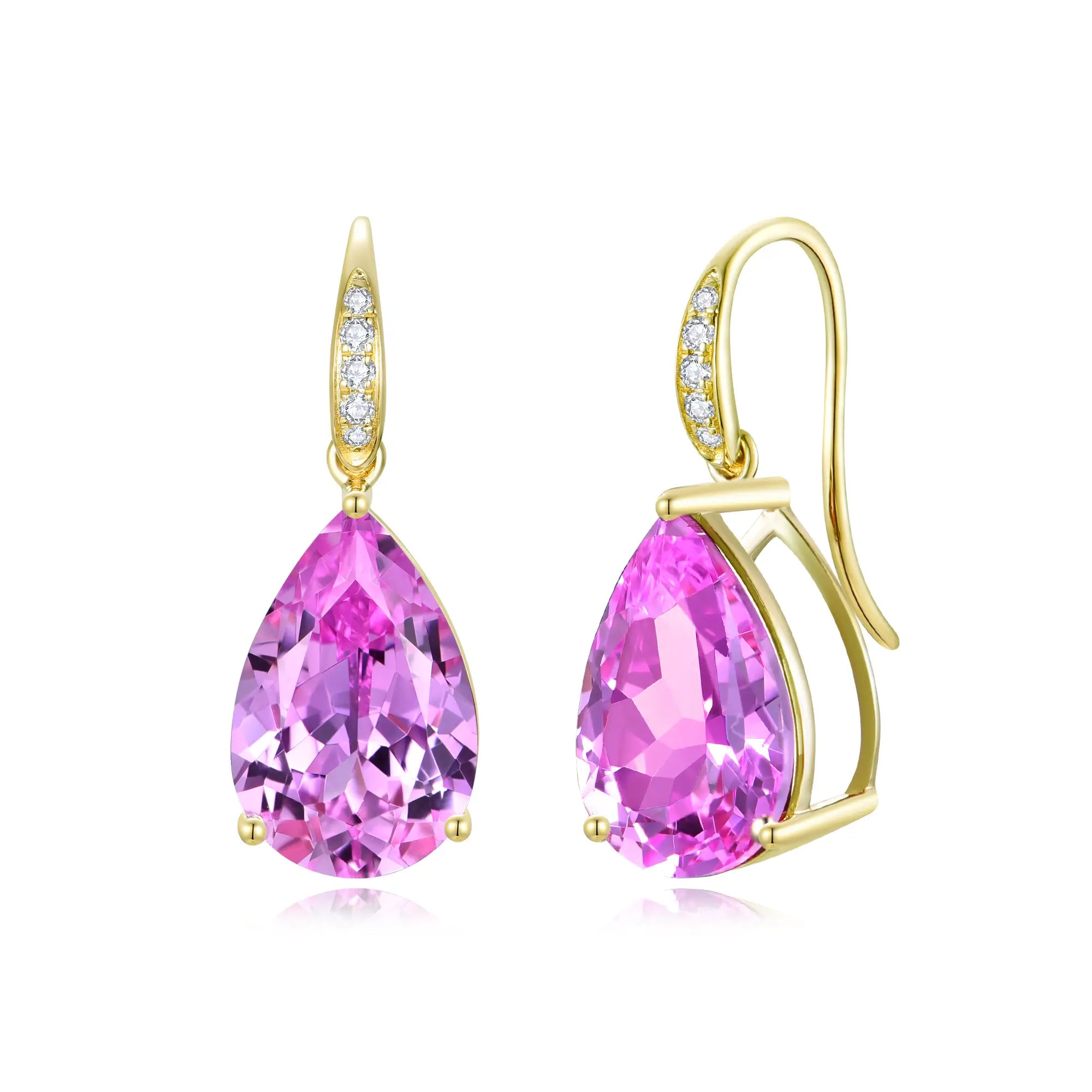Radiant Pear 8.05ctw Lab-Grown Pink Sapphire & Diamond Drop Earrings 14k solid gold