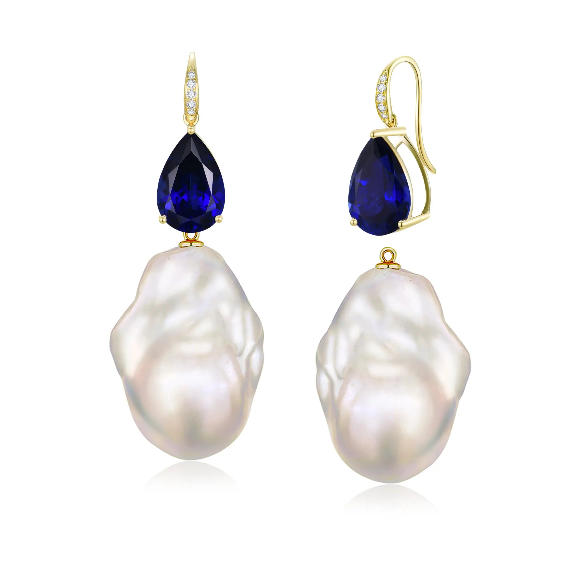 Radiant Pear 8.05ctw Lab-Grown Sapphrie & Diamond baroque pearl convertible Drop Earrings in 14k gold