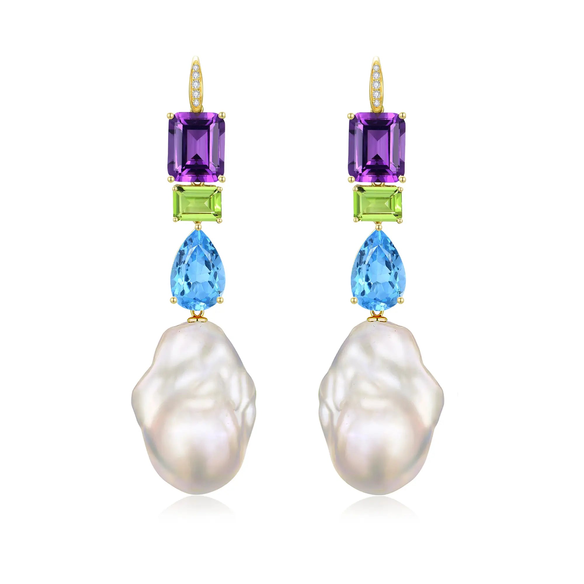 GemFusion Amethyst Peridot Topaz Diamond Baroque Pearl Convertible Drop Earrings 14K YELLOW GOLD