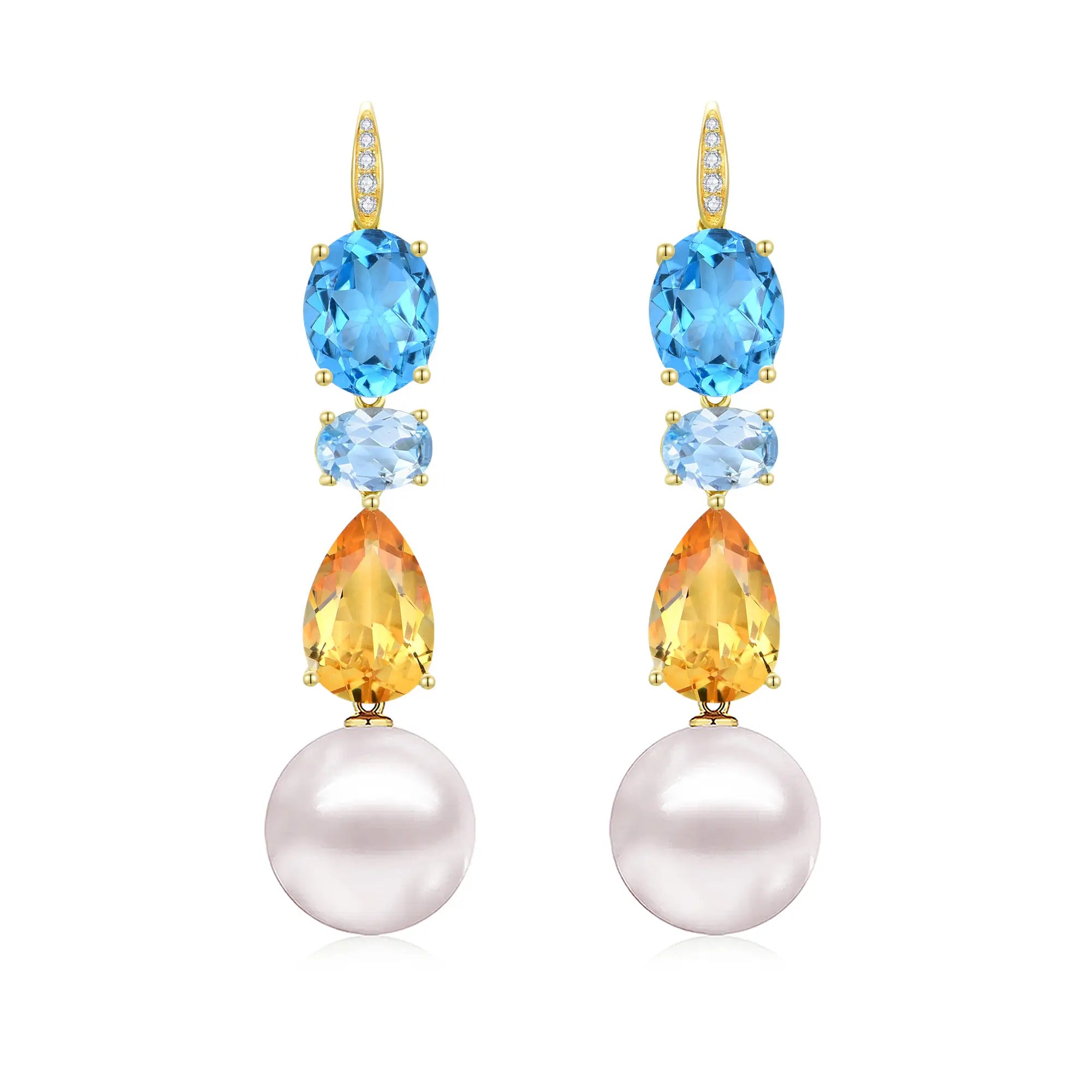 GemFusion Natural Topaz Aquamarine Citrine Diamond Freshwater Pearl Convertible Drop Earrings 14k gold