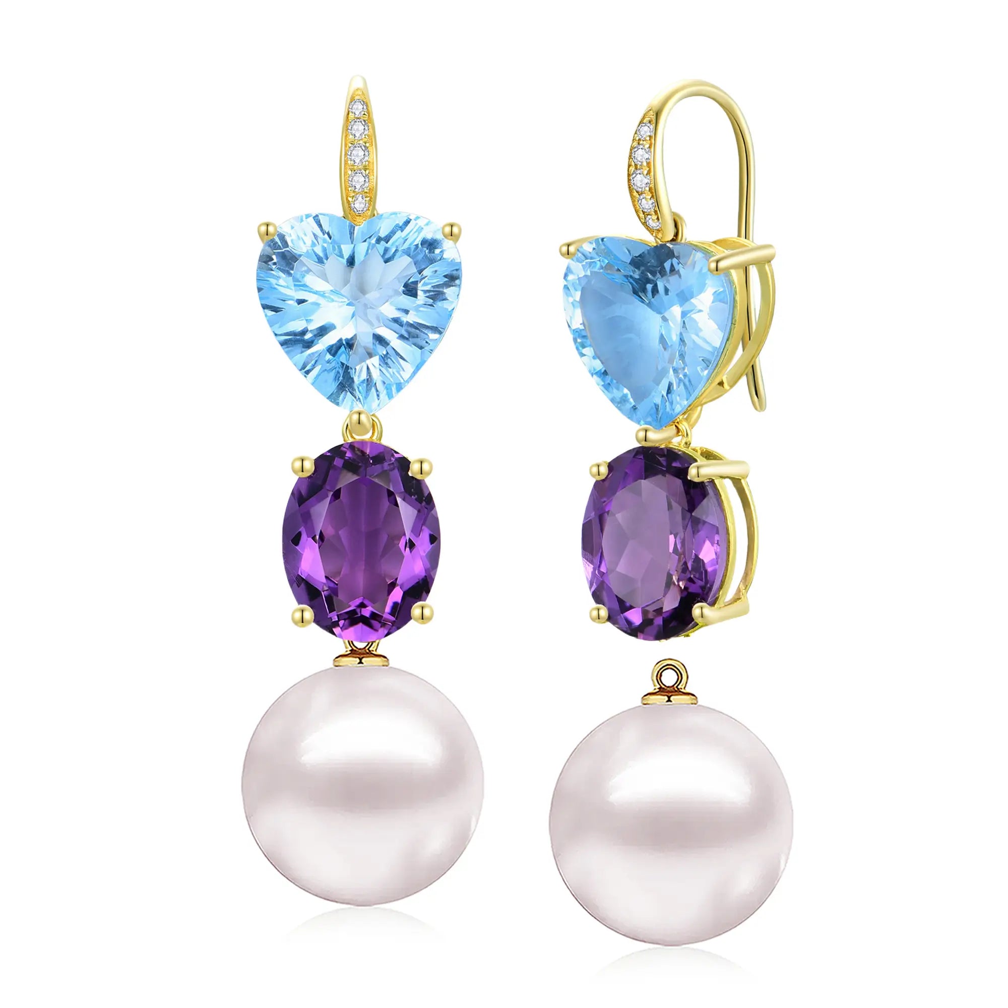 GemFusion Natural Topaz Amethyst Diamond Pearl Convertible Drop Earrings 14k yellow gold