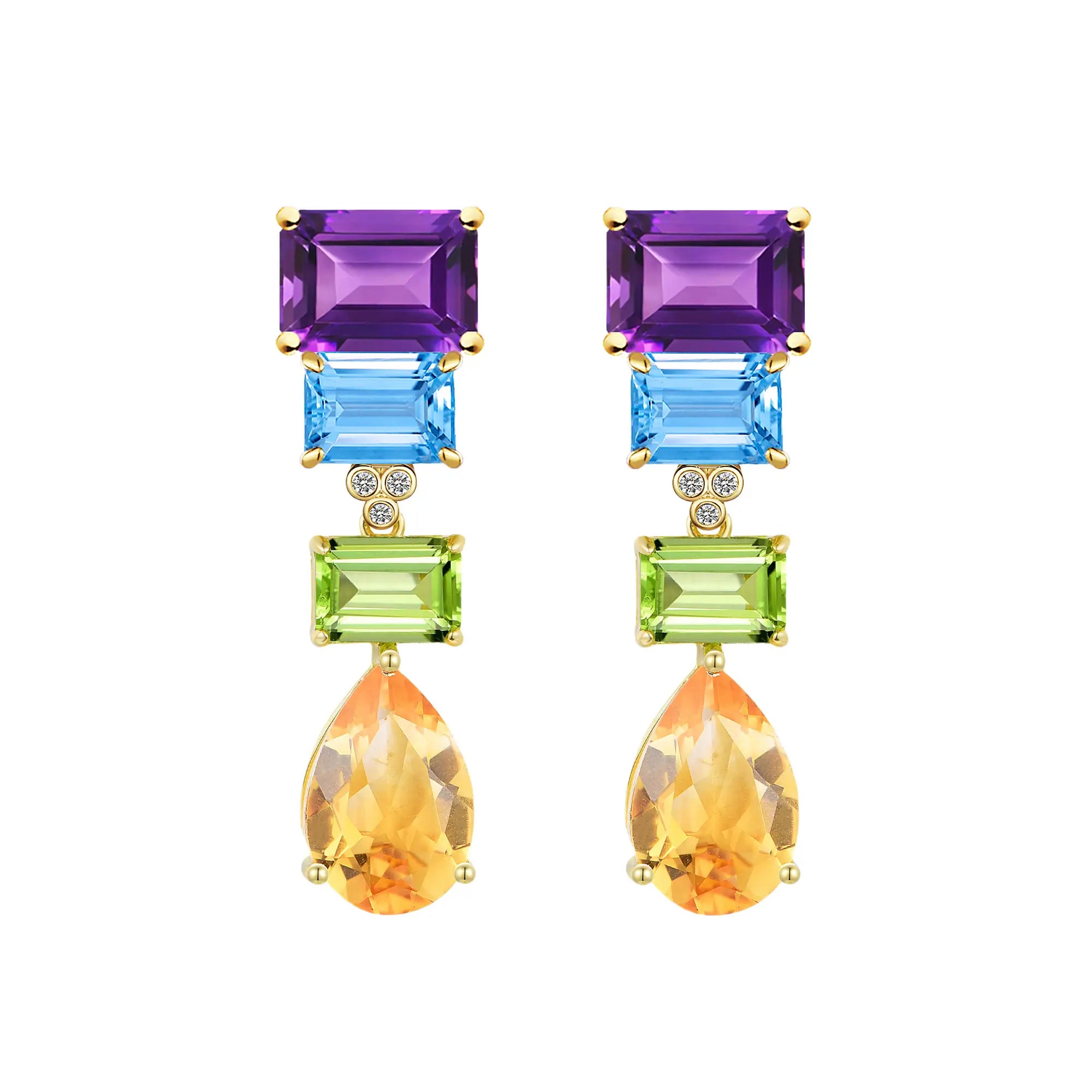 GemFusion Natural 14.45ctw Amethyst Topaz Peridot Citrine Diamond Convertible Drop Earrings in 14k yellow gold