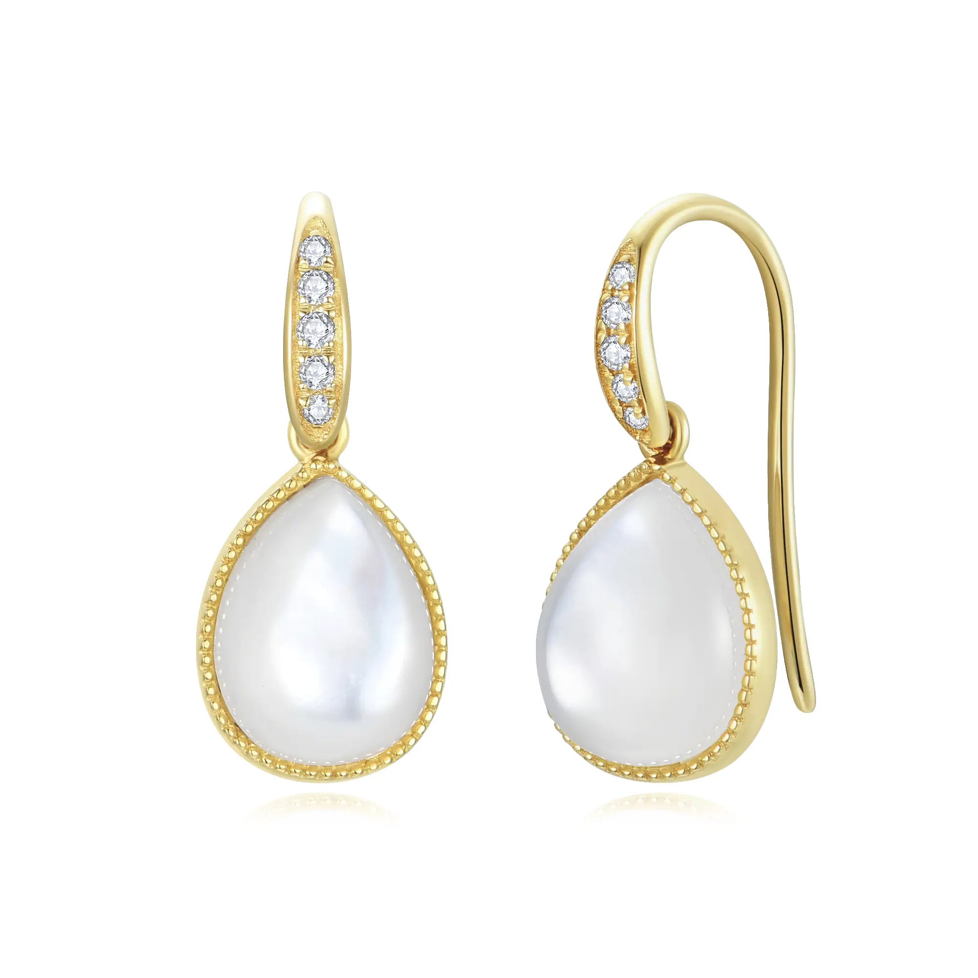 Aurora Natural Pear Mother of Pearl Diamond Drop Earrings 14k yellow gold