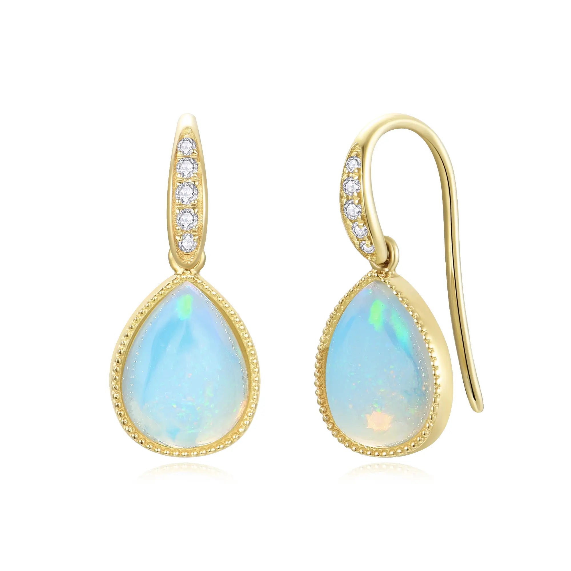 Aurora Pear Natural Fire Opal Diamond Drop Earrings 14k yellow gold