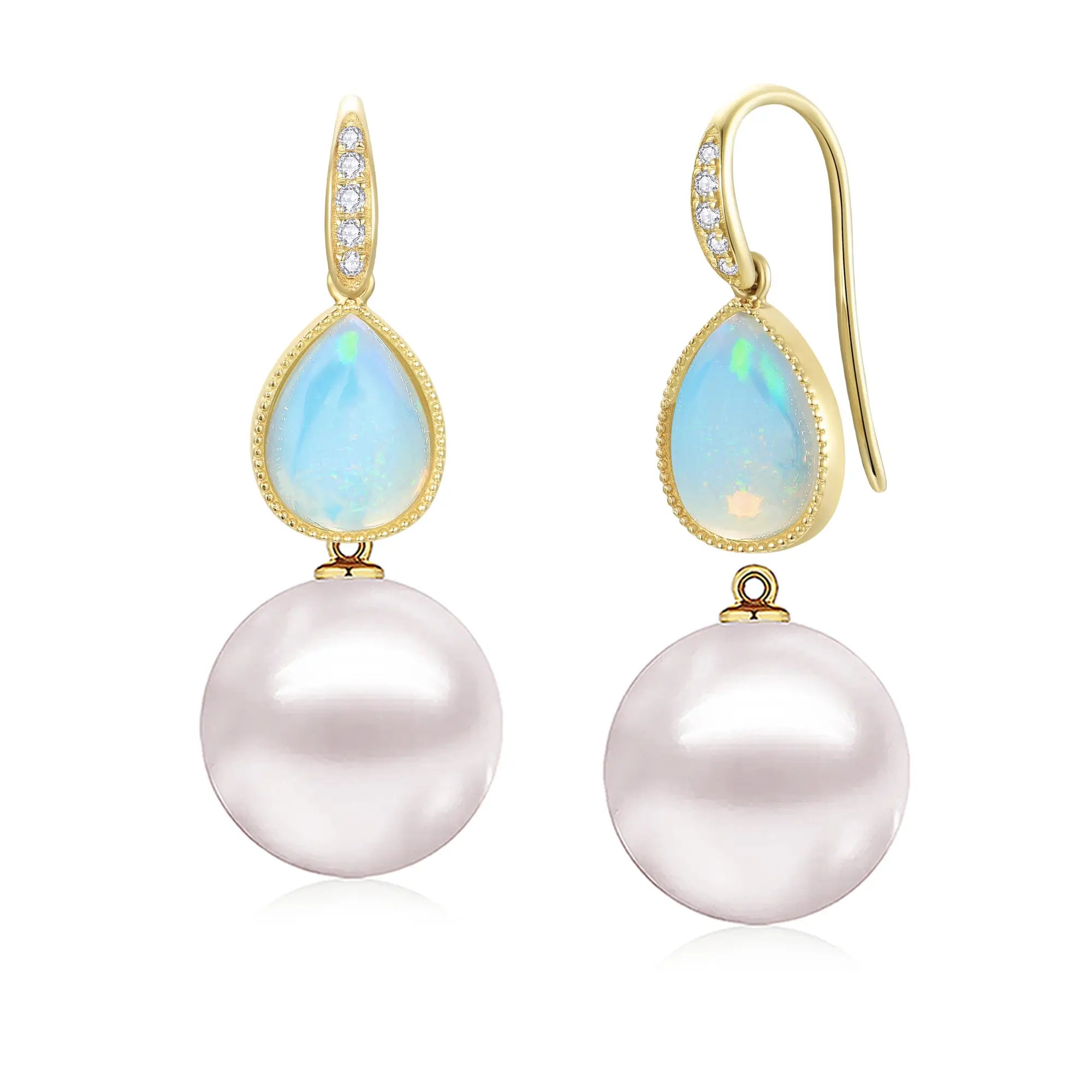 Aurora Pear Natural Fire Opal Diamond Pearl Convertible Drop Earrings 14k yellow gold