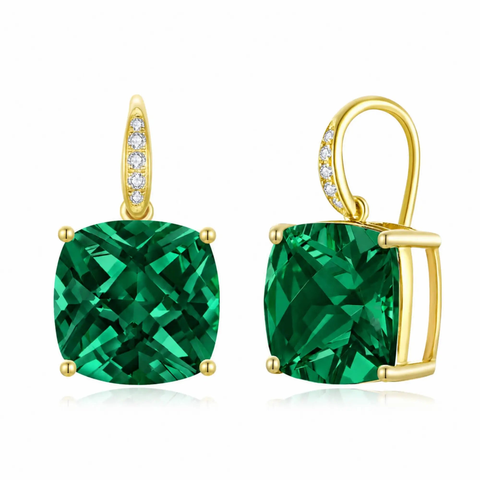 Radiant Cushion 8.45ctw Lab-Grown Emerald Diamond Drop Earrings in 14k yellow gold