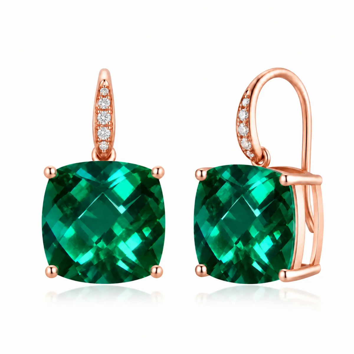 14k rose gold Radiant Cushion Lab-Grown Emerald Diamond Drop Earrings
