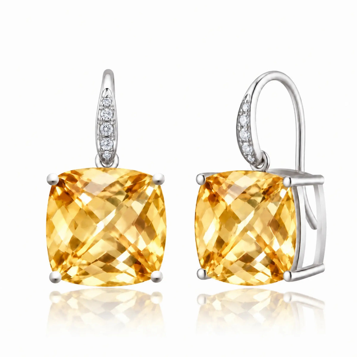 14k white gold Radiant Cushion natural Citrine Diamond Drop Earrings