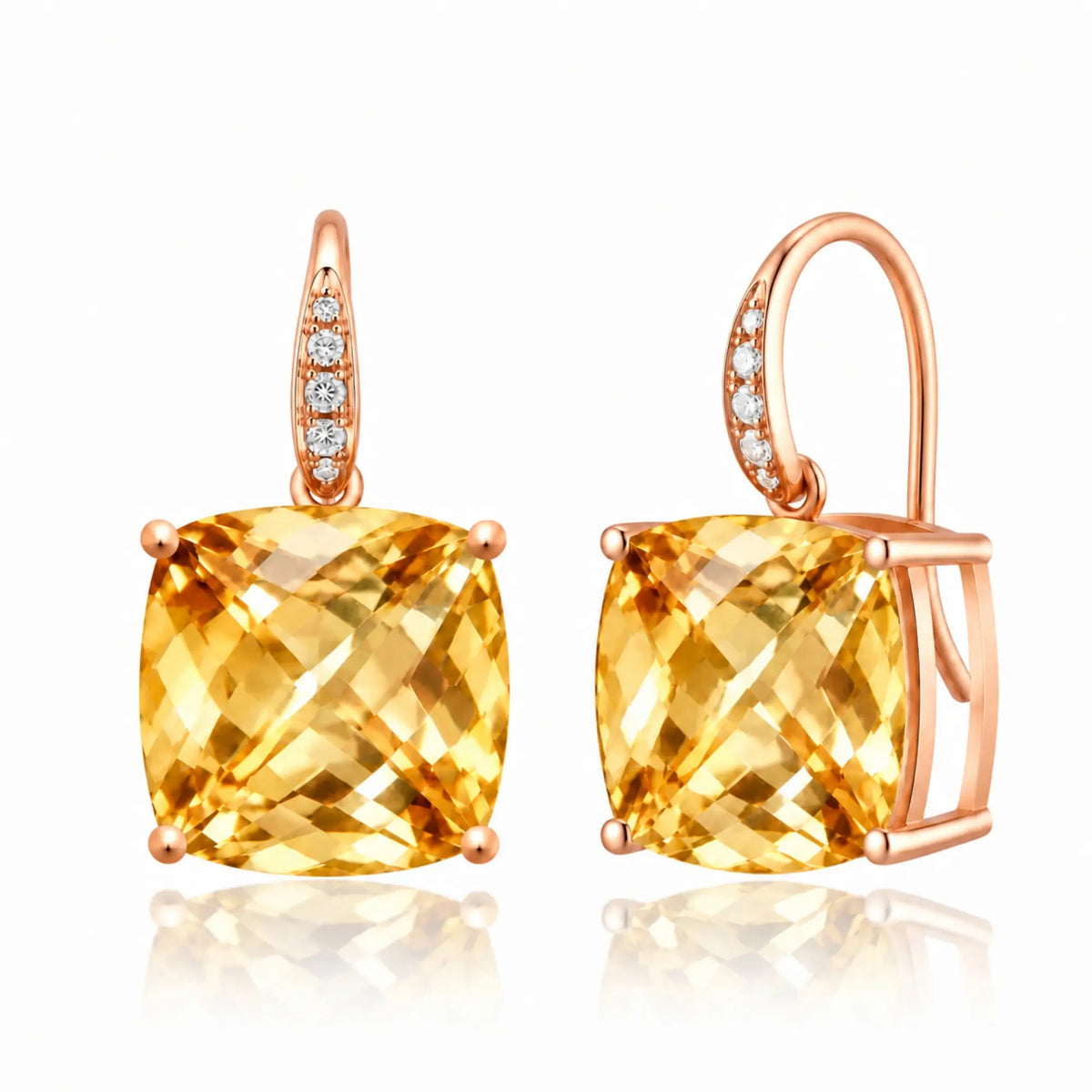 14k rose gold Radiant Cushion natural Citrine Diamond Drop Earrings