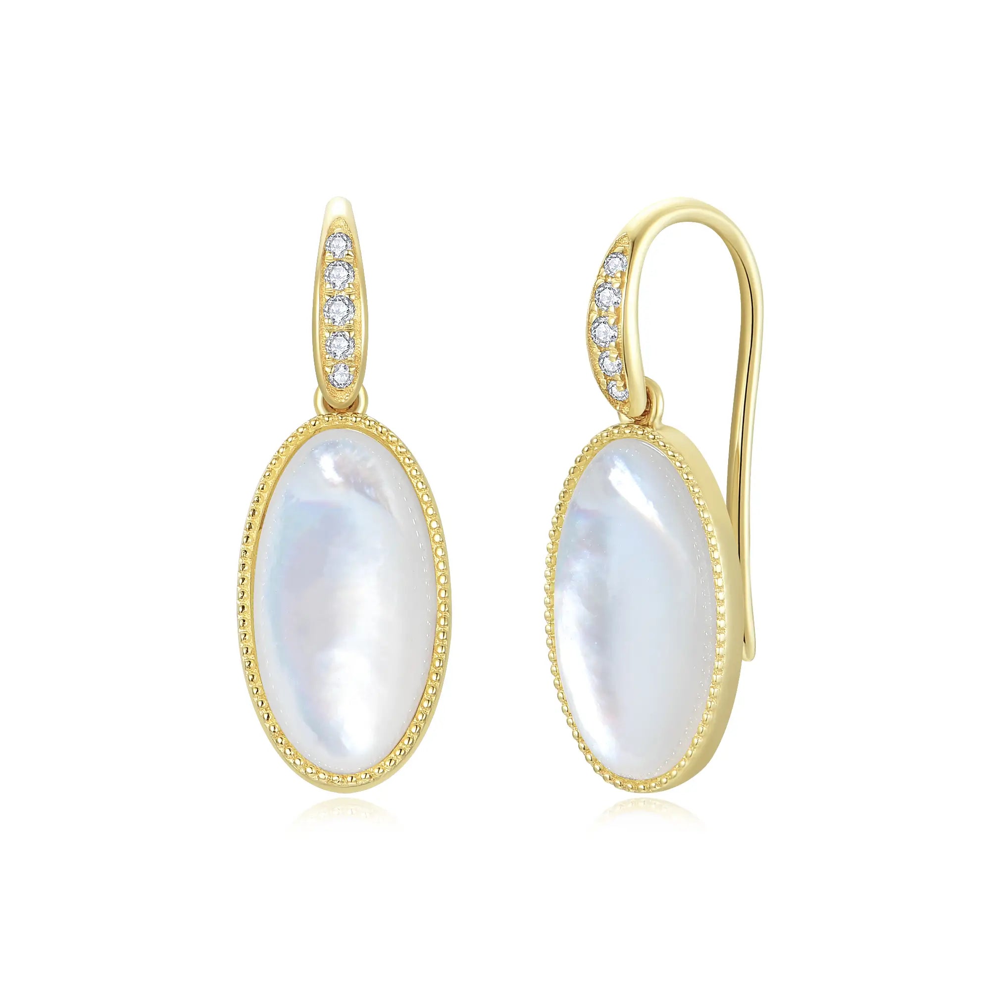 Aurora Oval Natural Mother of Pearl Diamond Drop Earrings 14k yellow gold