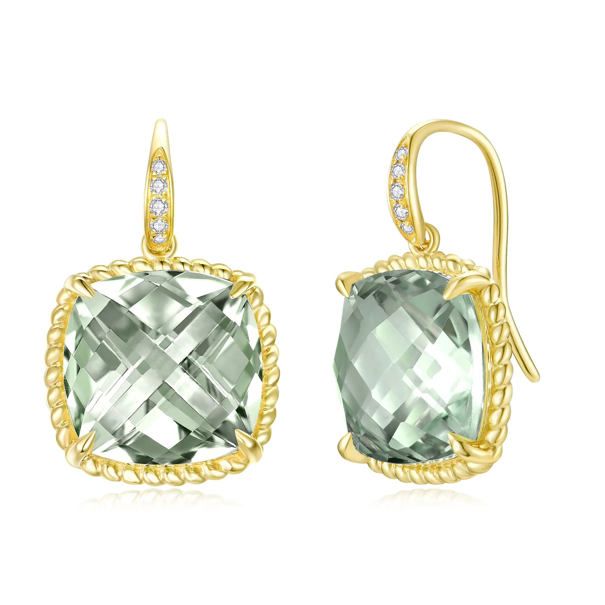 Reflection Cushion 14.05ctw Natural Prasiolite Green Amethyst Diamond Drop Earrings in 14k yellow gold