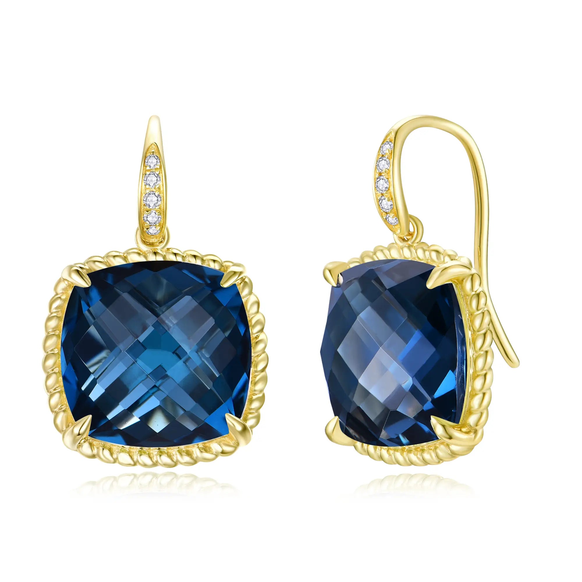 Reflection Cushion 18.05ctw Natural London Blue Topaz & Diamond Drop Earrings in 14k yellow gold