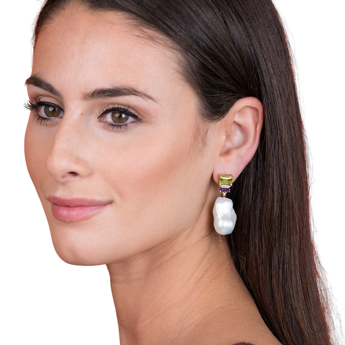 Fortune Peridot Amethyst Diamond Baroque Pearl Convertible Drop Earrings