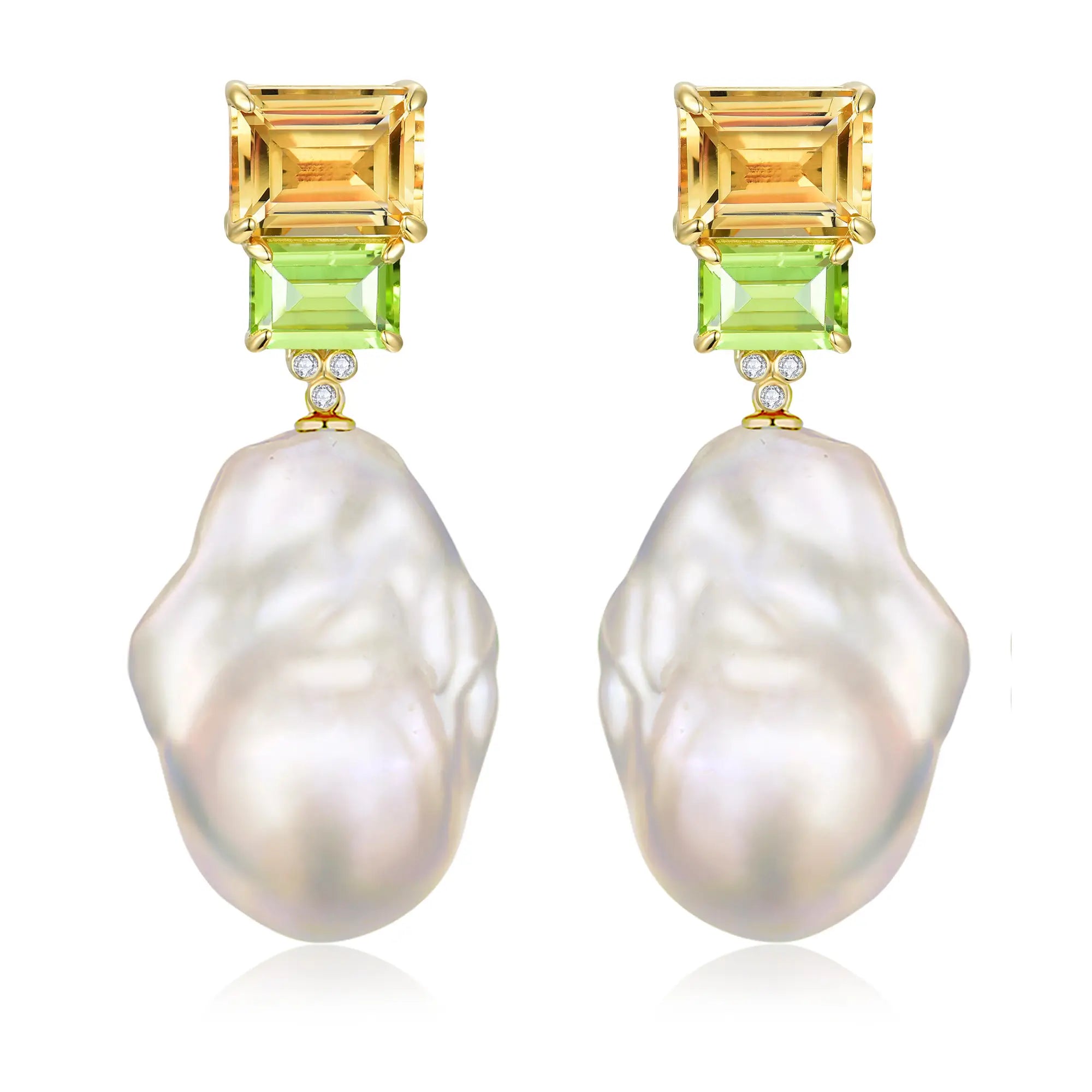 Natural Emerlad Cut Citrine Peridot Diamond Baroque Pearl Convertible Earrings in 14K yellow gold