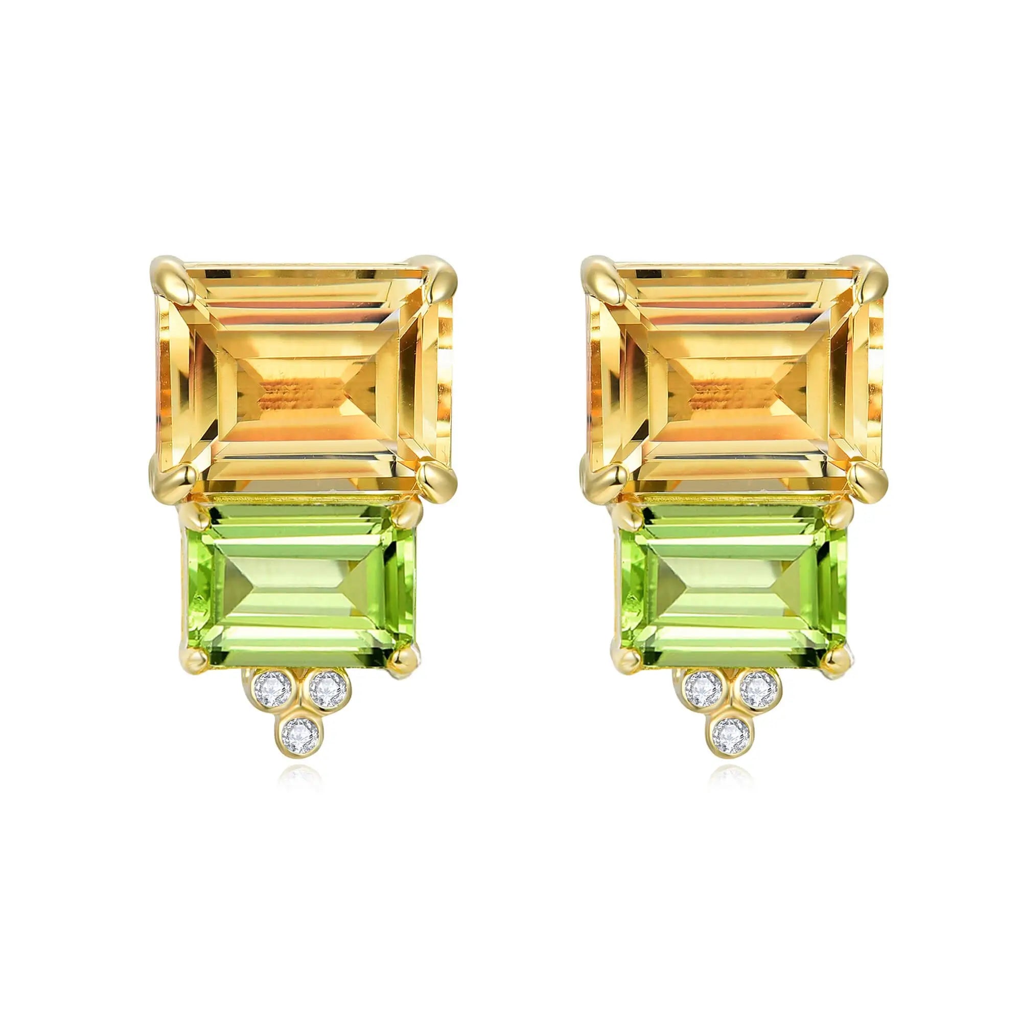 Natural Citrine Peridot Diamond Two Stones Earrings 14k yellow gold