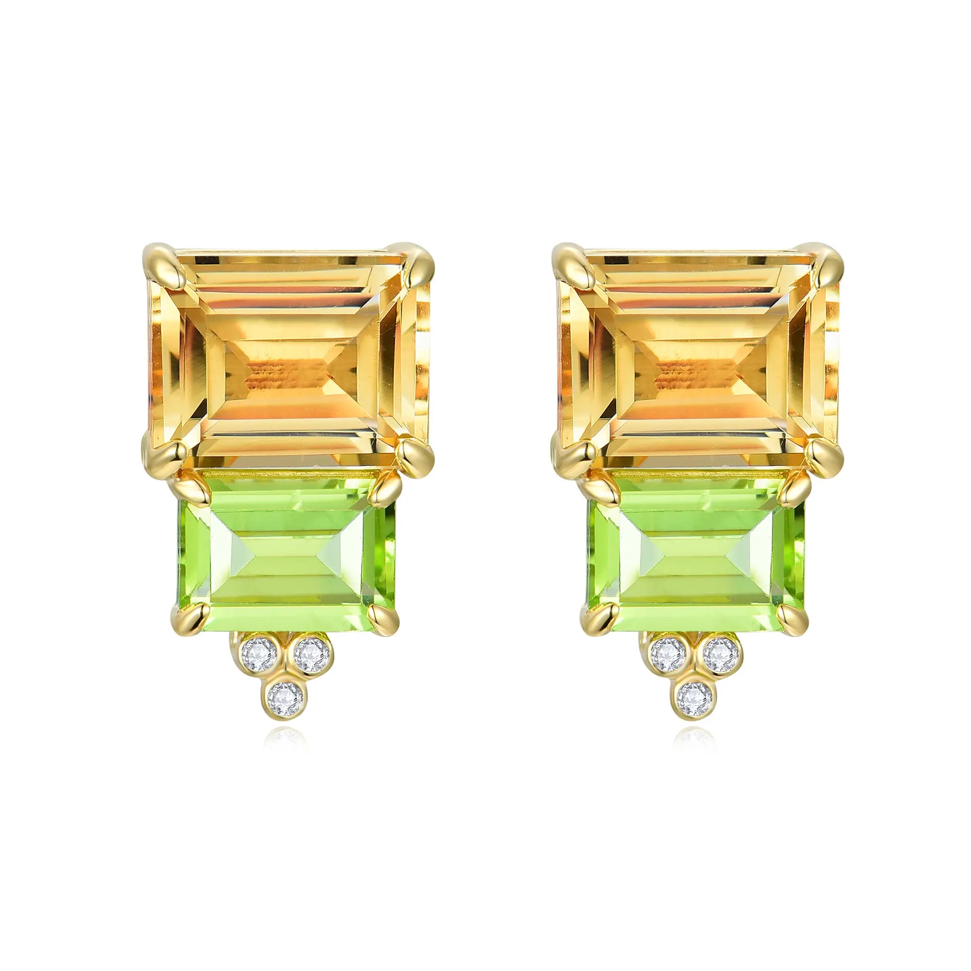 Natural Citrine Peridot Diamond Two Stones Earrings 14k yellow gold