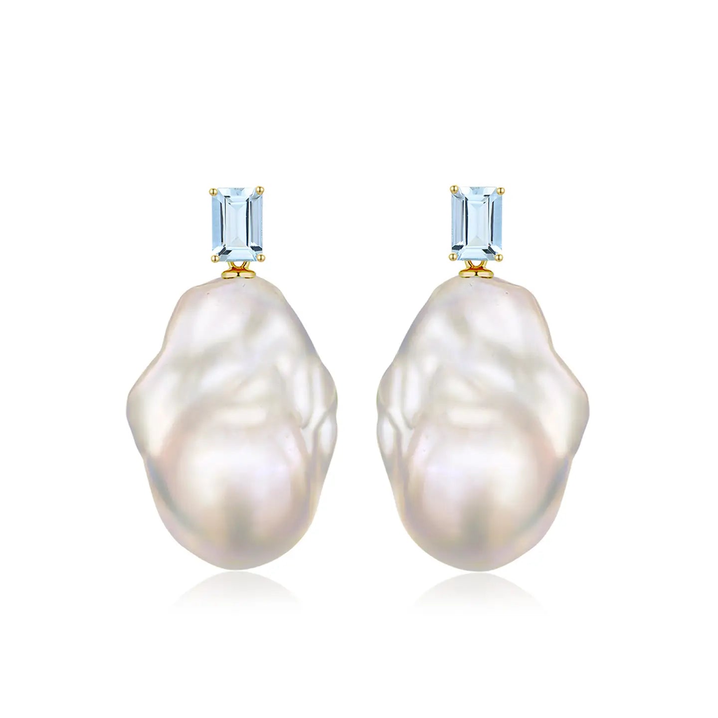 emerald cut sky blue aquamarine baroque pearl convertible drop earrings 14k yellow gold solid gold