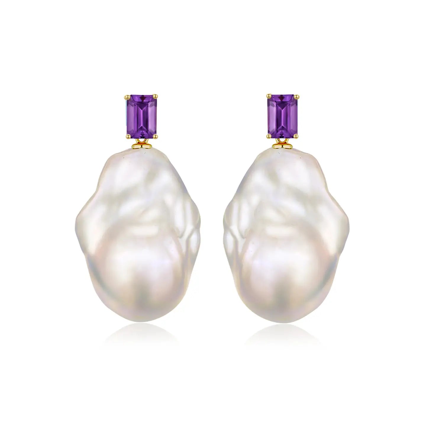 natural amethyst emerald cut convertible baroque pearl earrings 14k yellow gold