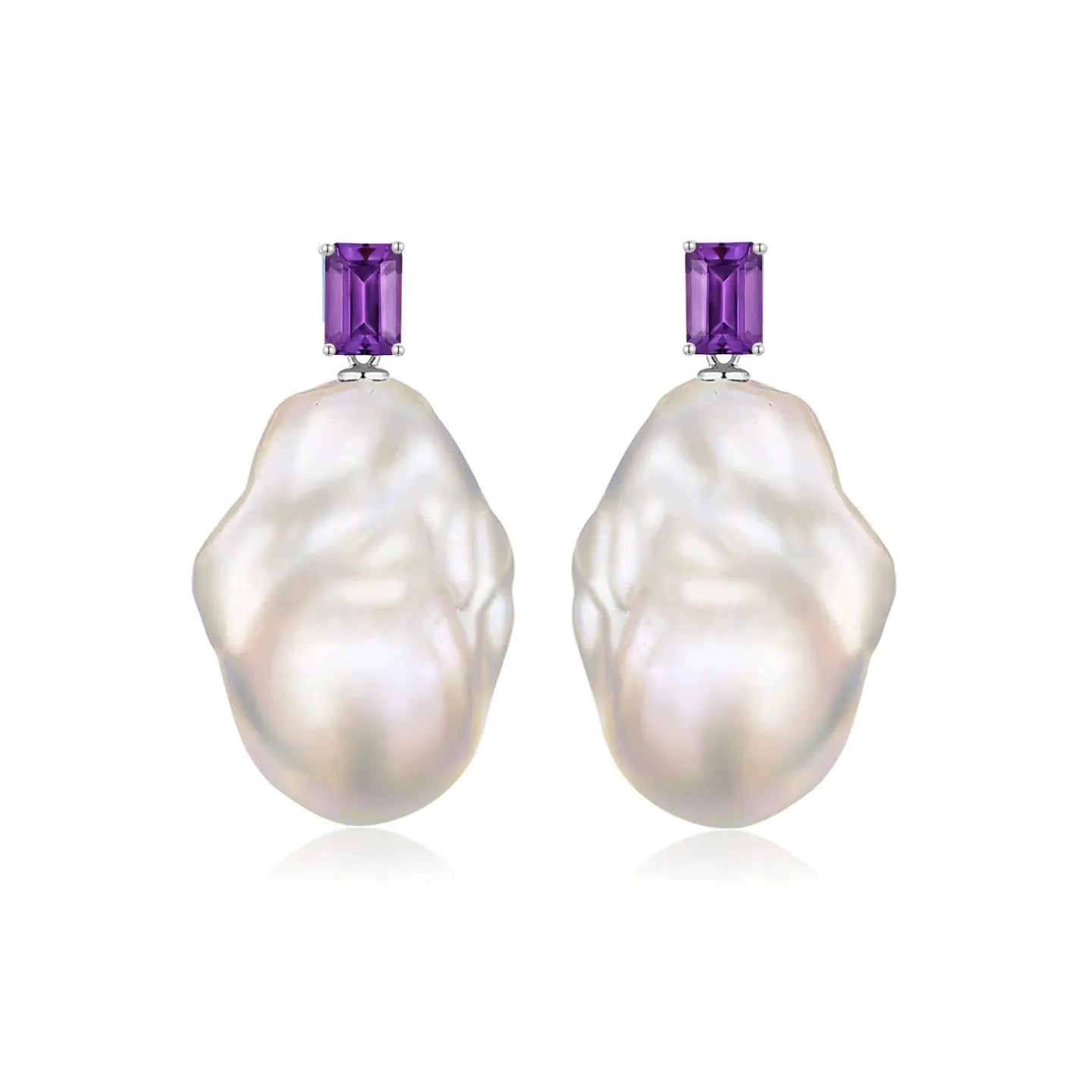 14k white gold sterling silver natural amethyst emerald cut convertible baroque pearl earrings