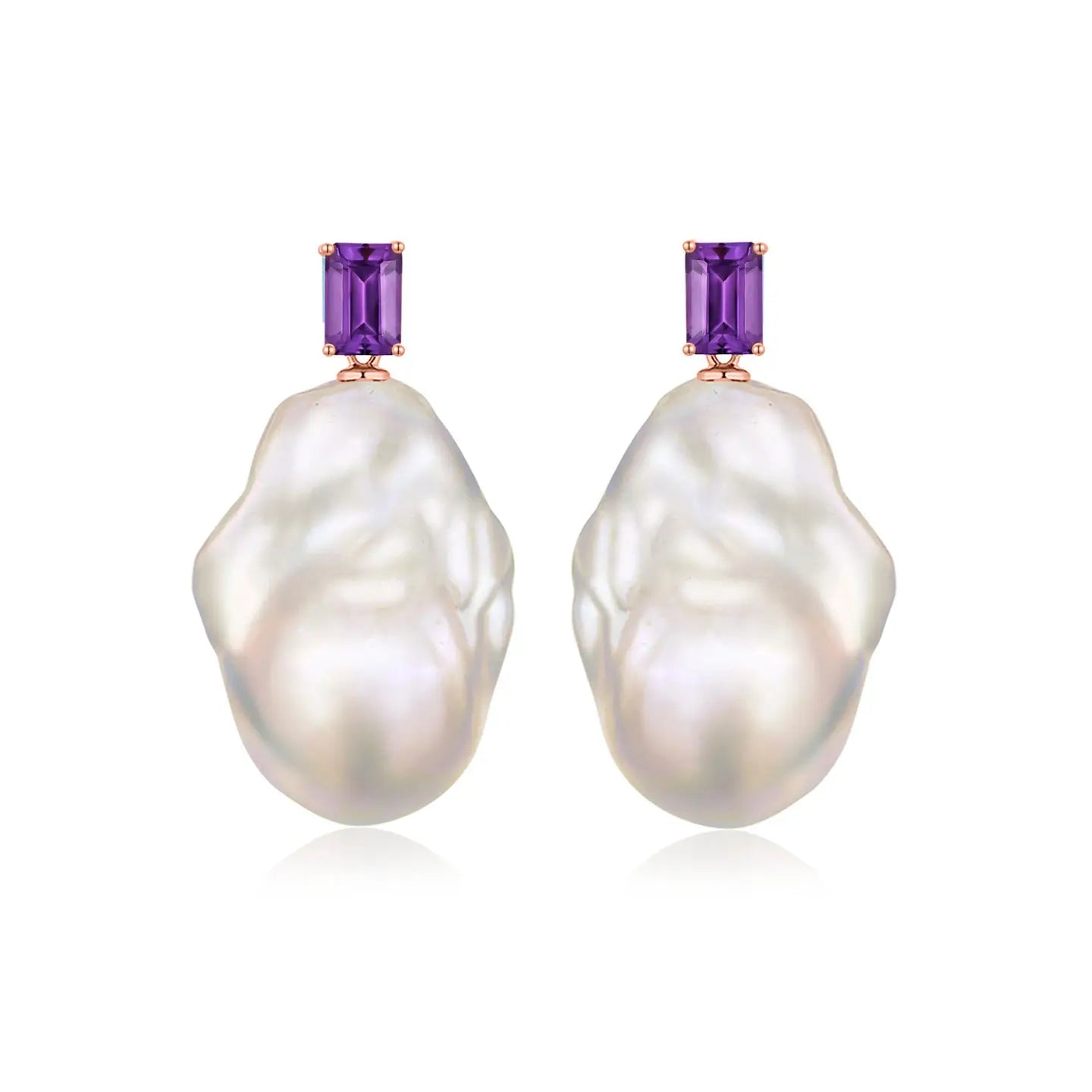 14k rose gold natural amethyst emerald cut convertible baroque pearl earrings