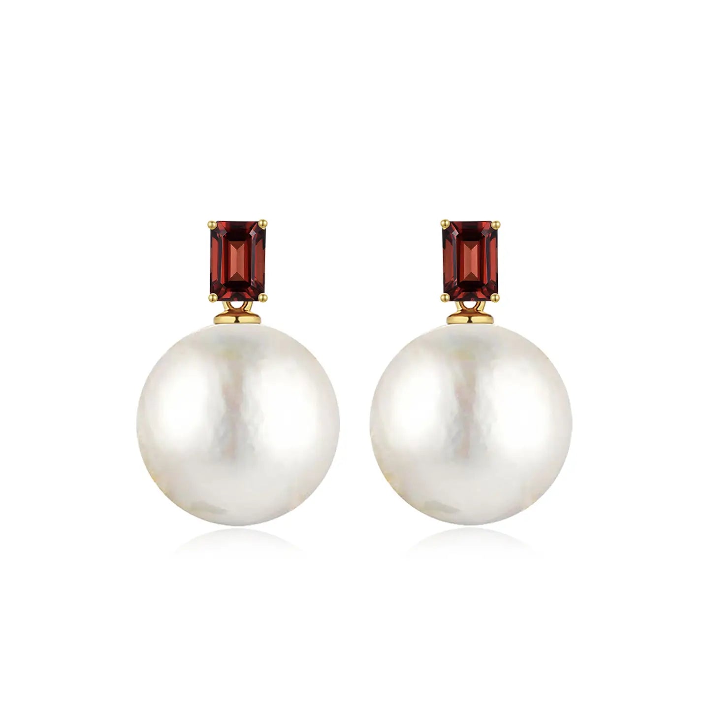 emerald cut garnet red round baroque pearl convertible drop earrings 14k yellow gold