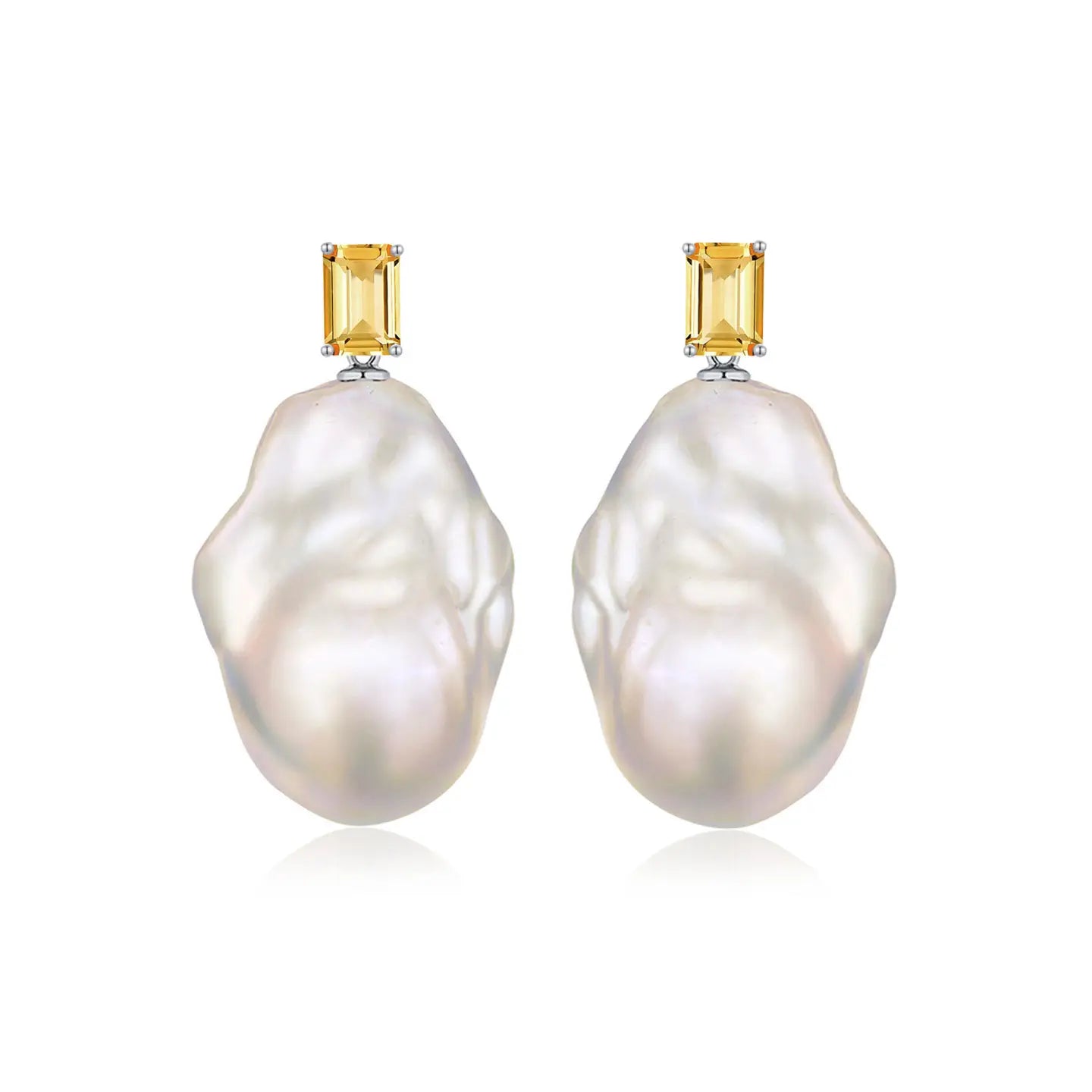 14k white gold or sterling silver natural yellow citrine baroque pearl convertible drop earrings