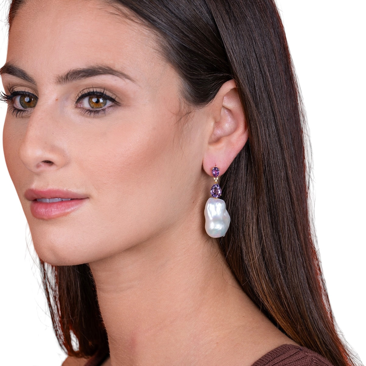 Divina Pear Amethyst Diamond Baroque Pearl Convertible Drop Earrings