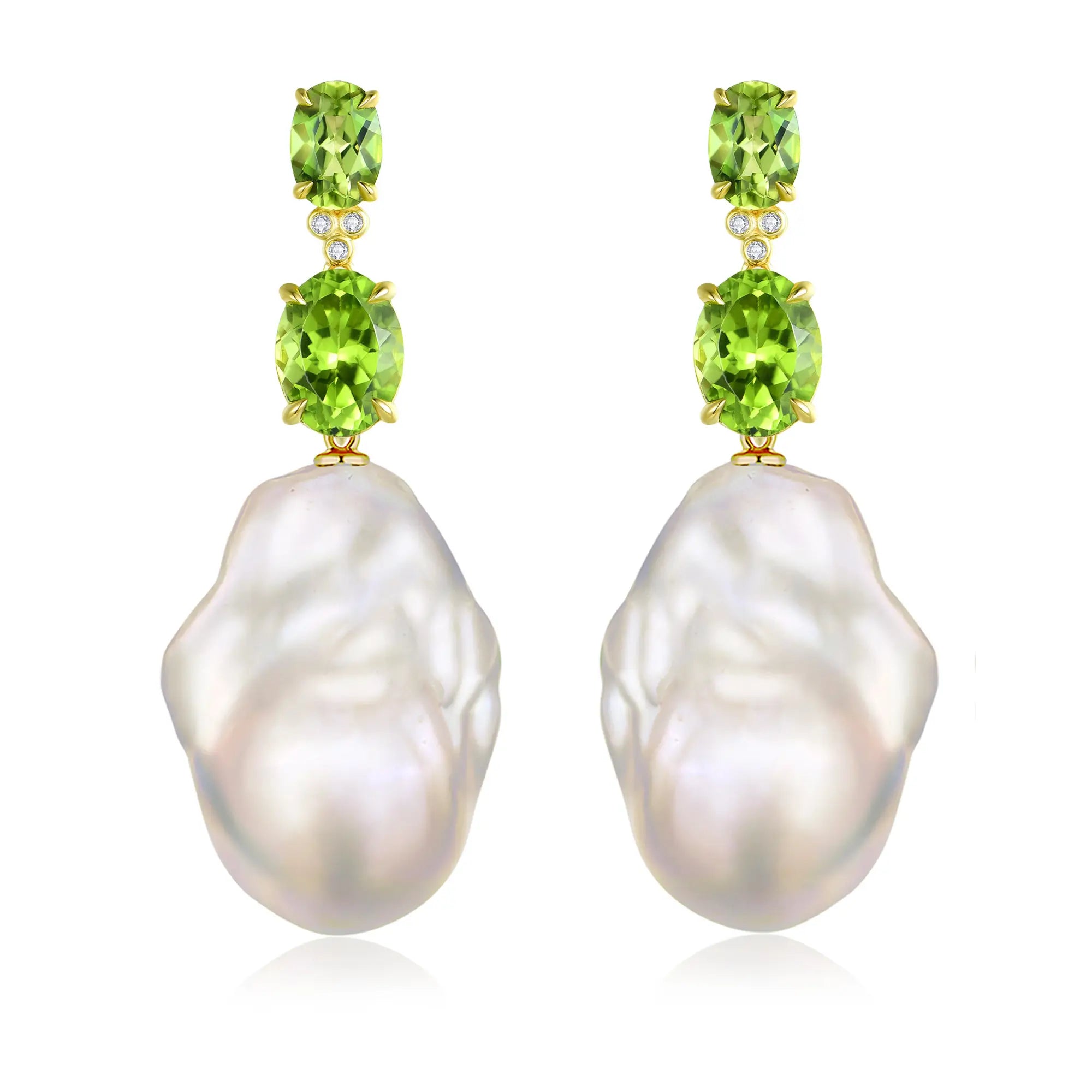 Divina Oval Peridot Diamond Baroque Pearl Convertible Drop Earrings 14k yellow gold